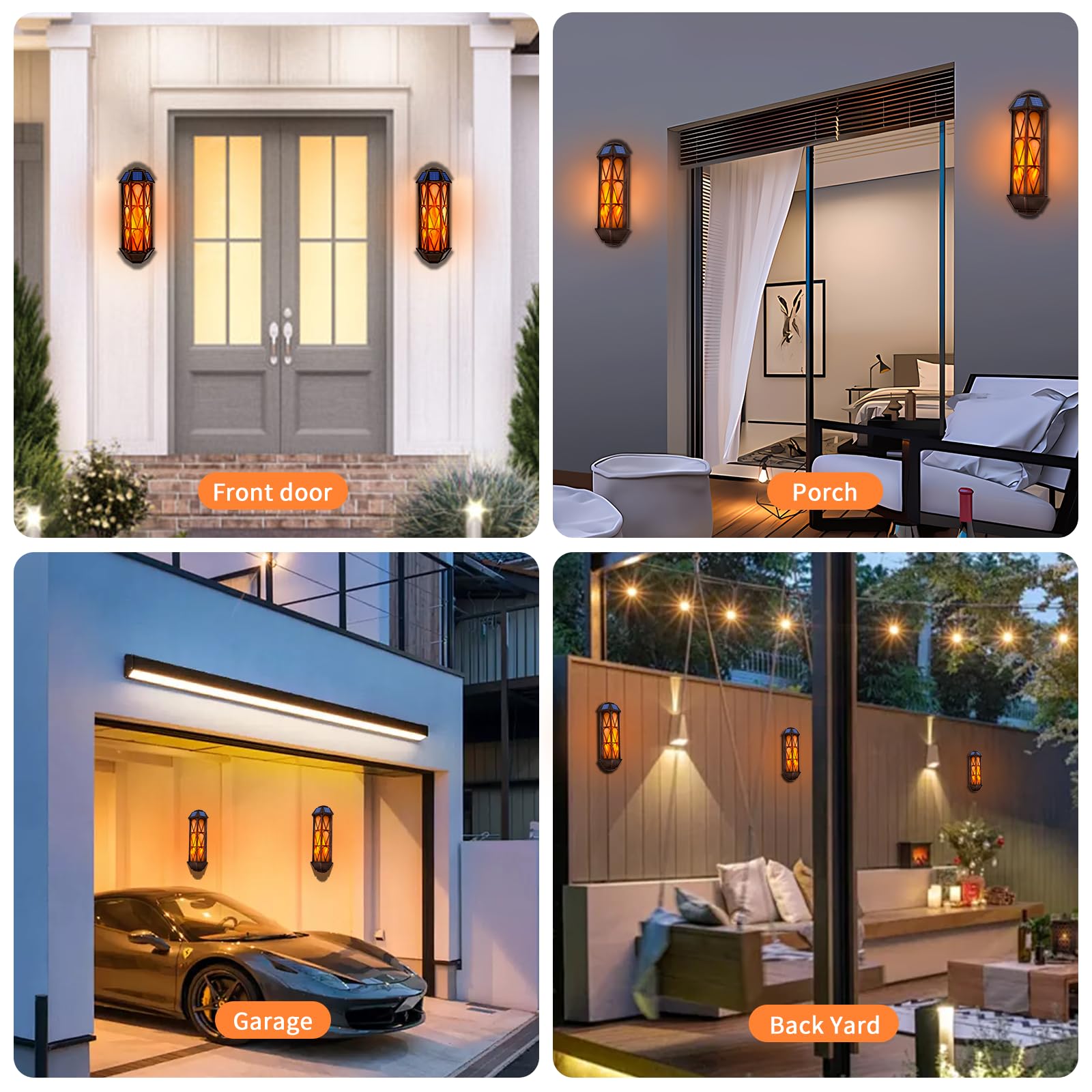 Apliques solares de llama para exteriores, 74 luces LED parpadeantes, apliques con encendido automático, impermeables, luces de pared para decoración de puerta de garaje, jardín, porche, patio, 2