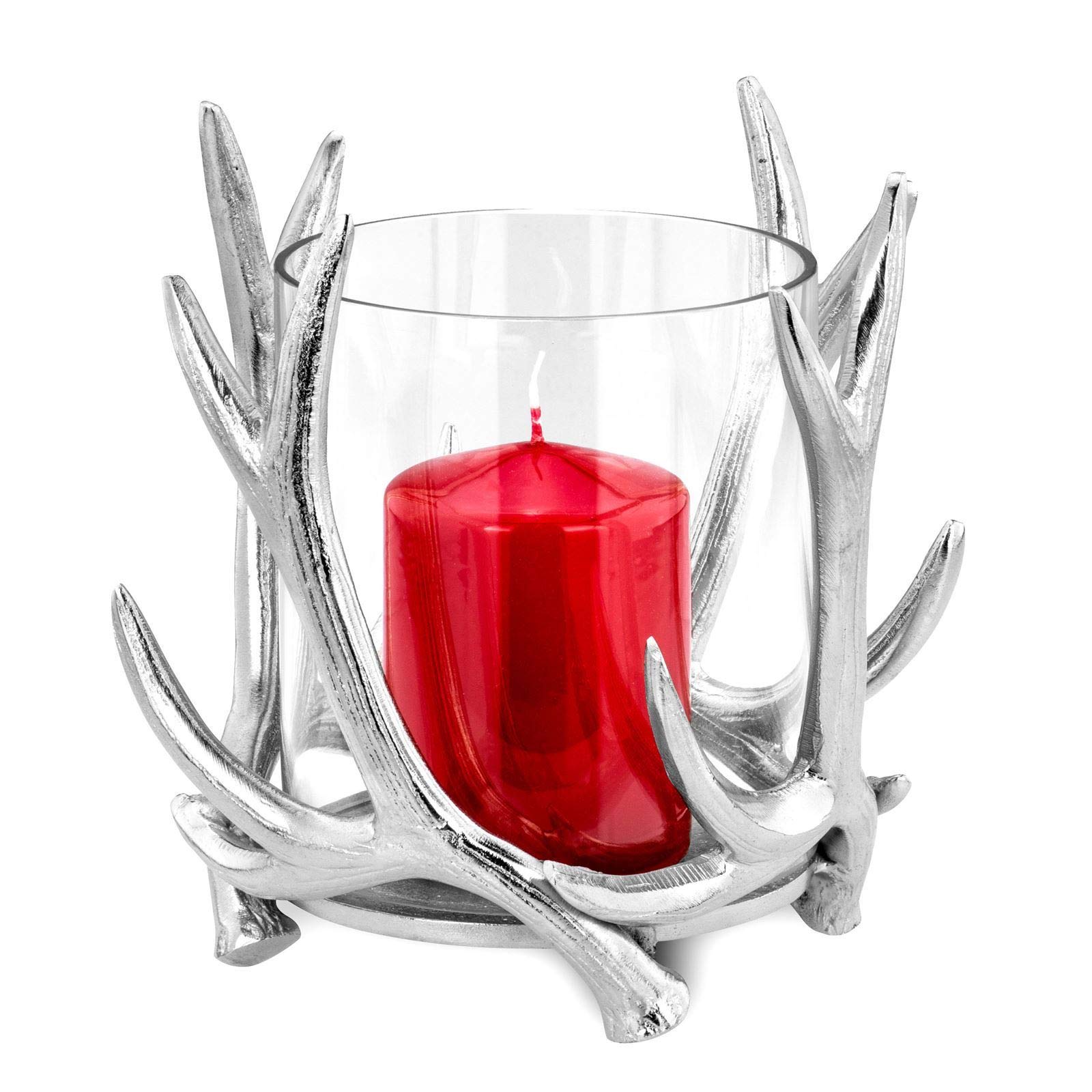 Portavelas de Cristal Decoracion, 19 cm de diámetro, aluminio pulido en forma de cornamenta de ciervo, con cilindro de cristal abierto