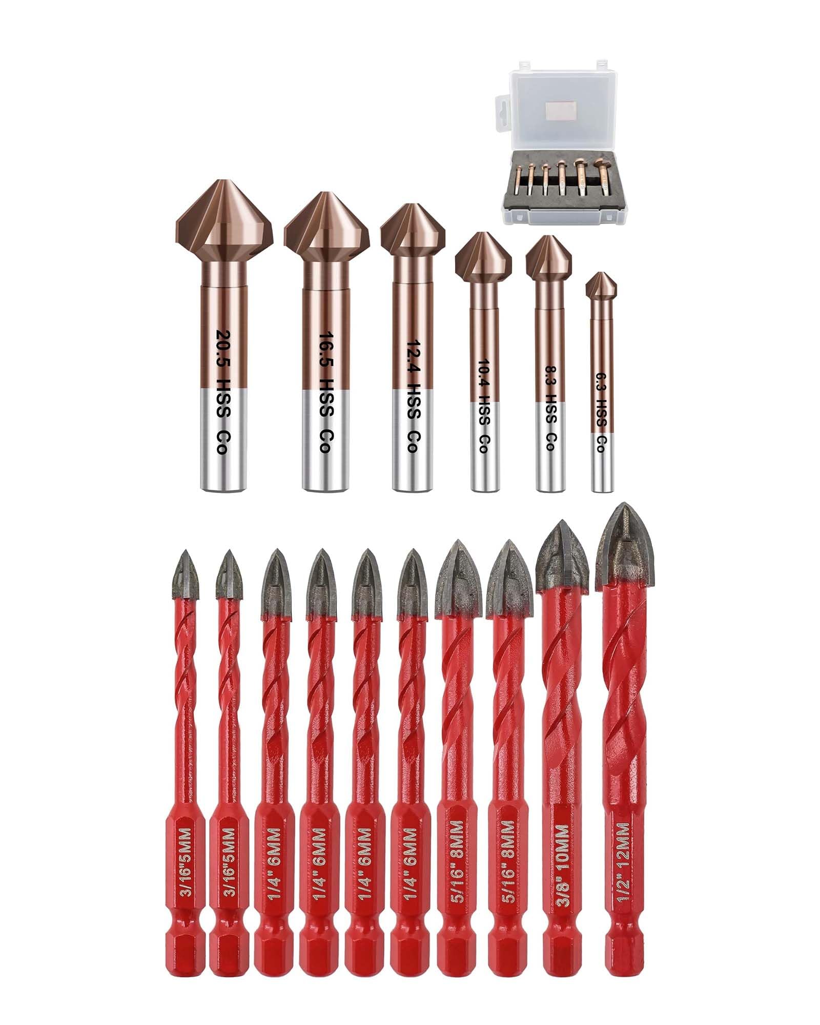 FOCSTOL Juego Brocas Seco 10 piezas (5mm*2+6mm*4+8mm*2+10mm+12mm) y Brocas Avellanador para Metal 6pzs (6,3/8,3/10,4/12,4/16,5/20,5mm)
