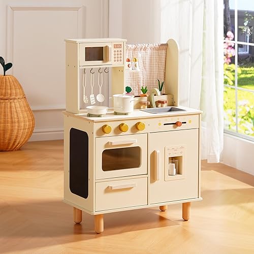 Miniatura 9 de ROBUD Juego de cocina de madera, cocina de juego de simulación para niños, cocina de juguete con microondas, fregadero, estufa y máquina de hielo,