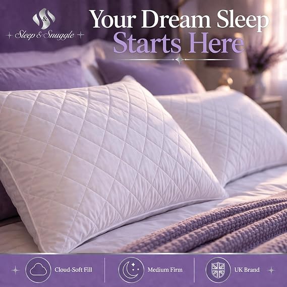 Bed Pillows 2 Pack Soft Hotel Quality Anti Allergy Quilted Luxury Sleeping | Microfibre Cover, Medium Support, Machine Washable, Hypoallergenic, Plump Supportive Fill, Ideal for Side Sleepers, UK Made