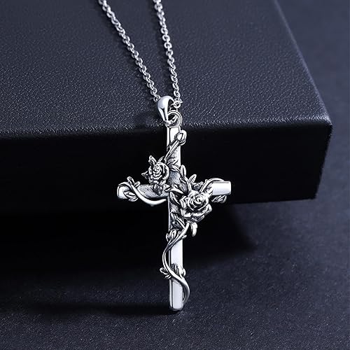 Miniatura 3 de Cross necklace 925 Sterling Silver Rose Crose Pendant Necklace Cross Necklace for Women (A-Rose Cross Necklace)