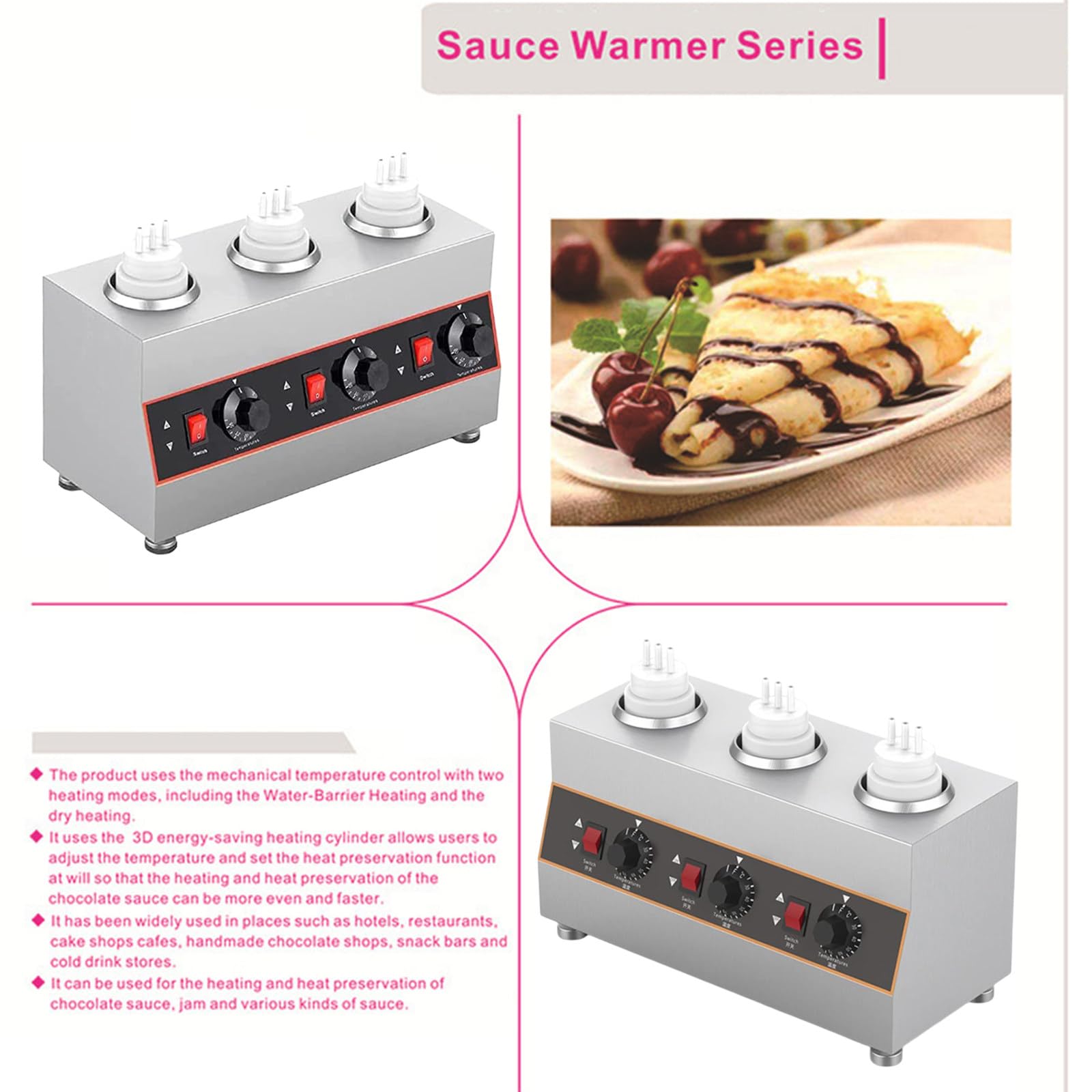 Calentador Eléctrico Dispensador De Alimentos De 480 W, Calentador Dispensador De Salsa Comercial, Calentador Dispensador De Salsa De Chocolate, Queso Y Caramelo (Botella Triple)