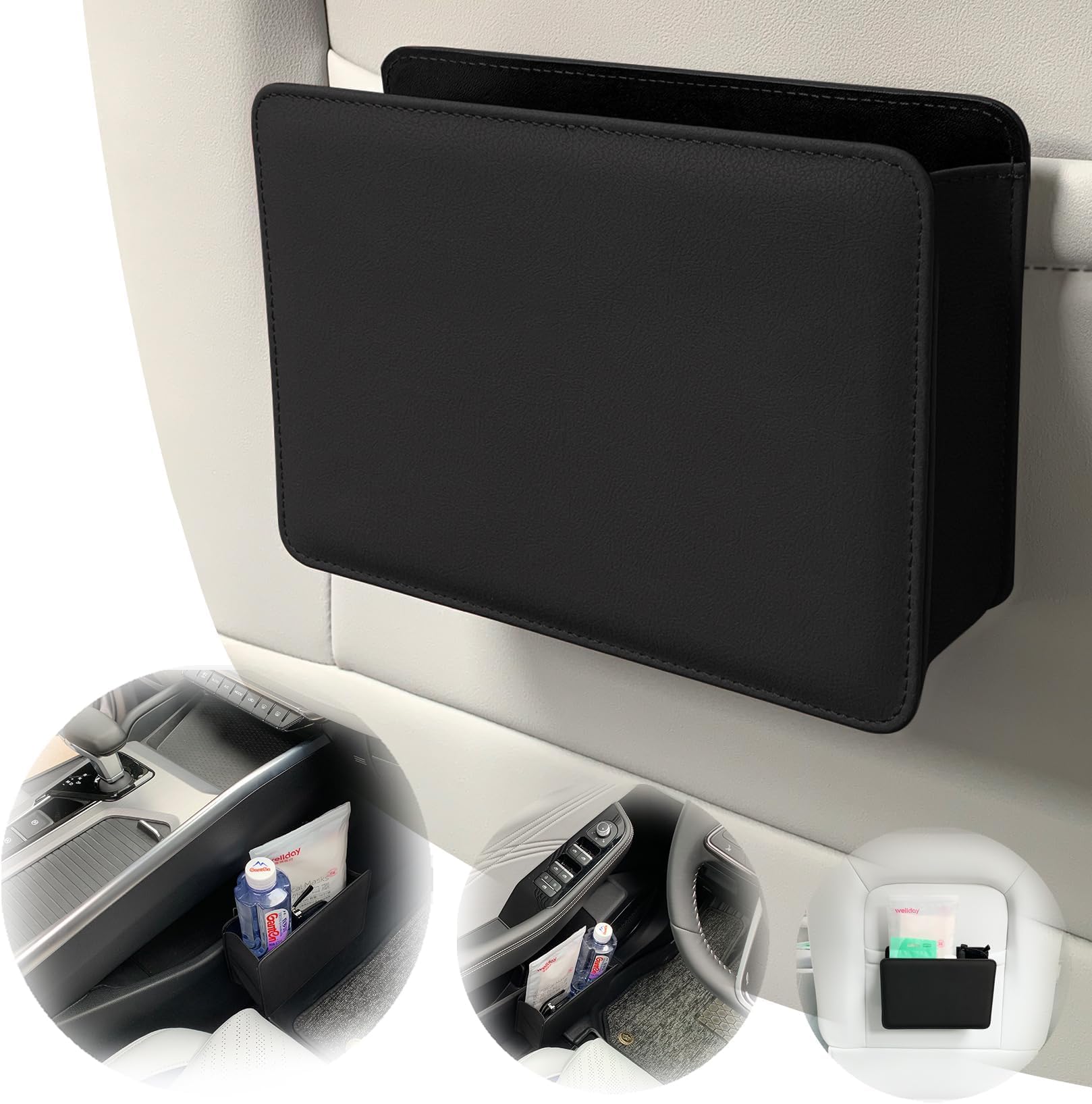 HIPATU Leather Car Bin for JEEP Commander 2006-2008, Car Garbage Bin Rubbish Bin Tidy, Hanging Auto Trash Bag, Car Boot Organiser Storage Portable Waterproof Car Accessories,A-BLACK