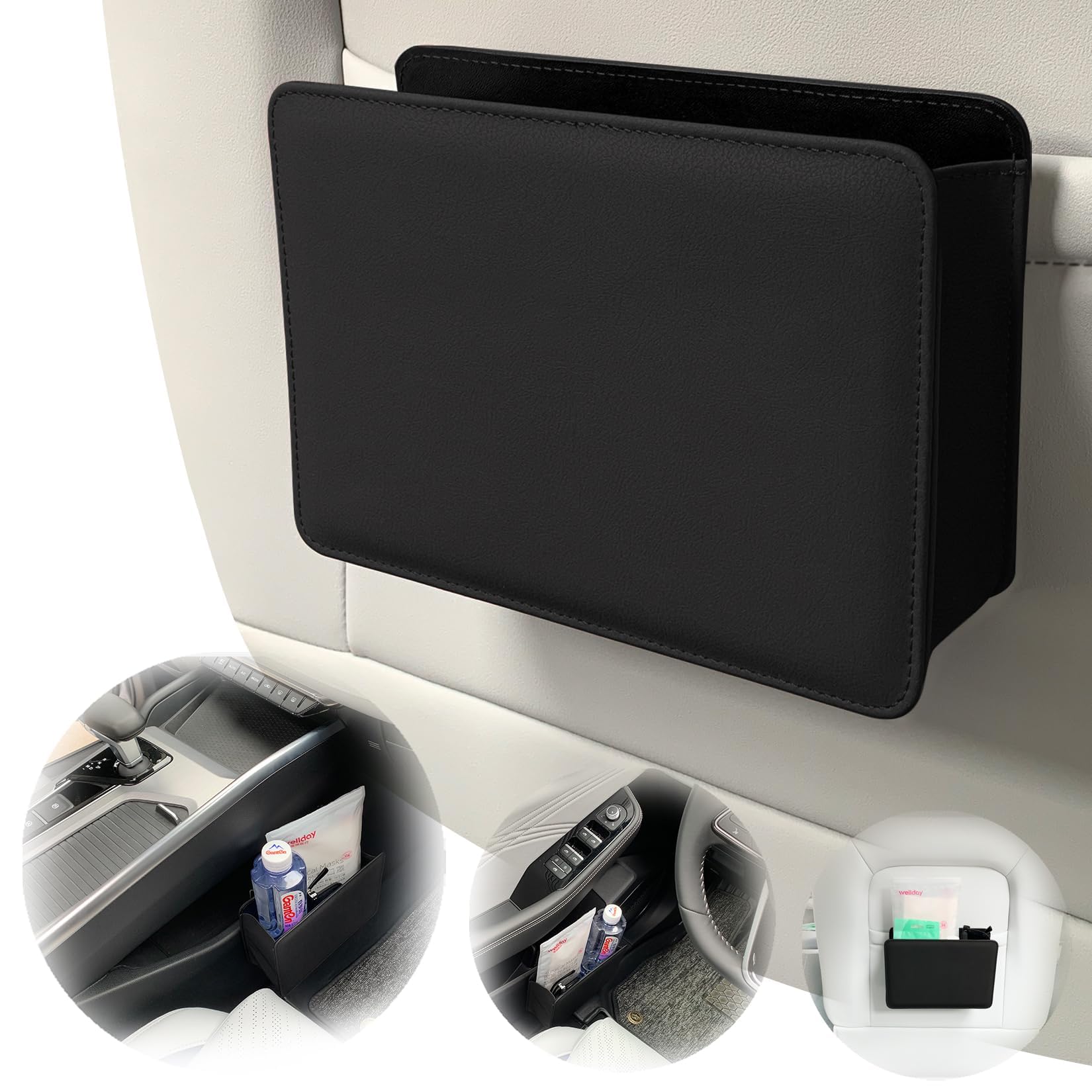 HIPATU Leather Car Bin for JEEP Commander 2006-2008, Car Garbage Bin Rubbish Bin Tidy, Hanging Auto Trash Bag, Car Boot Organiser Storage Portable Waterproof Car Accessories,A-BLACK