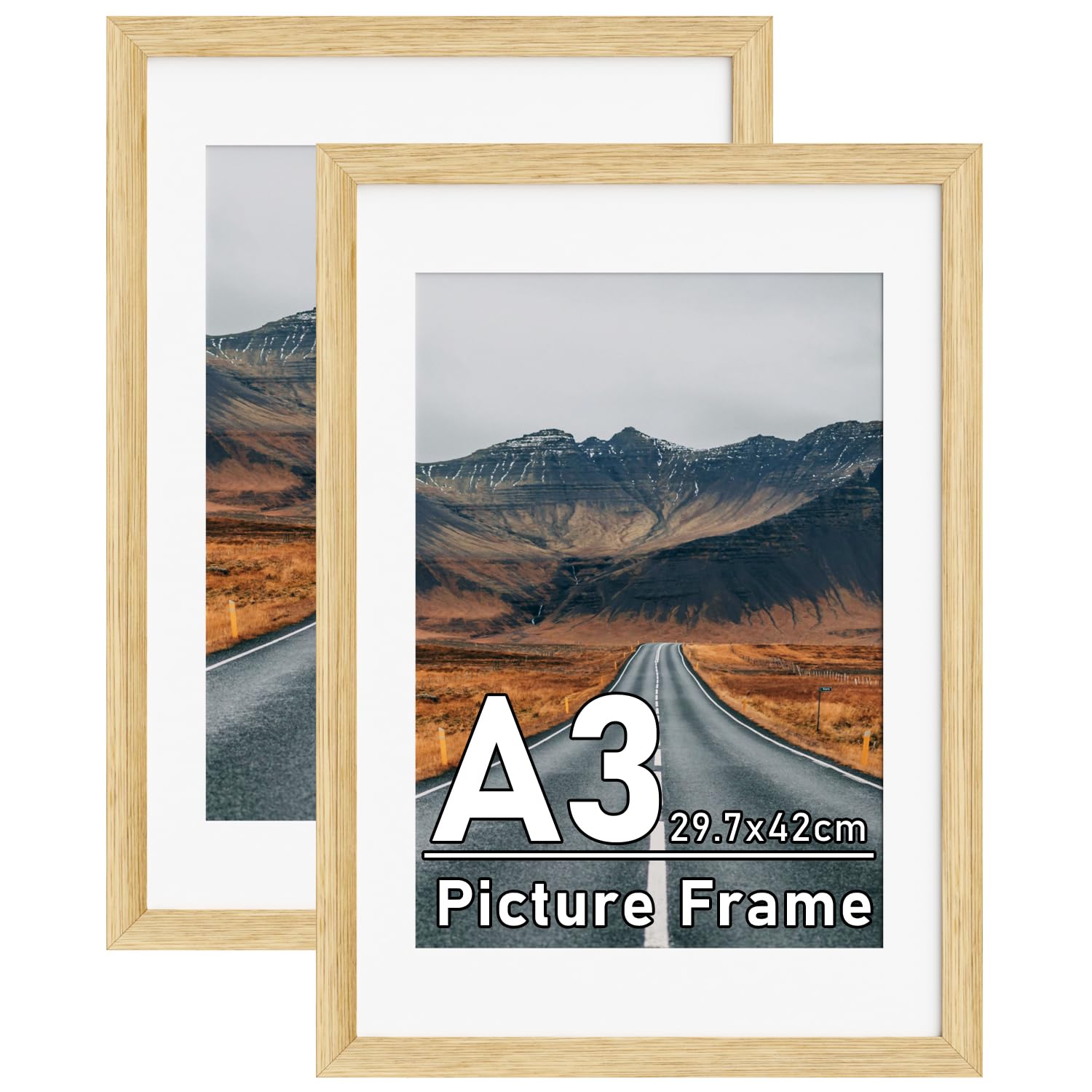 2Pack A3 Natural Wooden Picture Frame with Removable A4 Mat, Wall Mounted — image 1