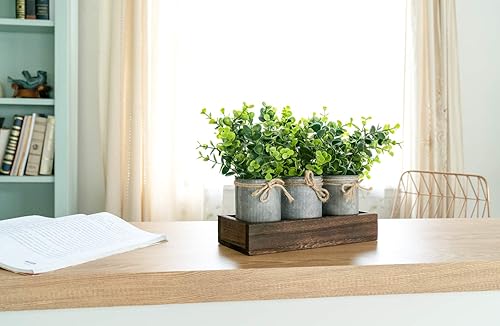 Miniatura 5 de Dahey Florero de metal con eucalipto artificial y centro de mesa, bandeja de madera con eucalipto artificial para decoración de granja