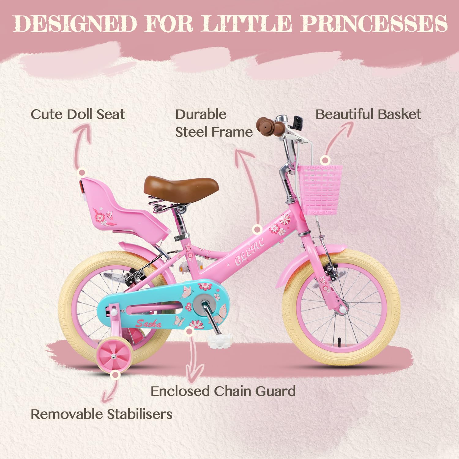 Glerc Bicicleta para niñas con diseño de Princesas, Bicicleta Infantil de 12, 14, 16, 18 y 20 Pulgadas para niños de 2 a 13 años, Asiento para muñecas, Cesta, ruedines y Soporte para Bicicleta