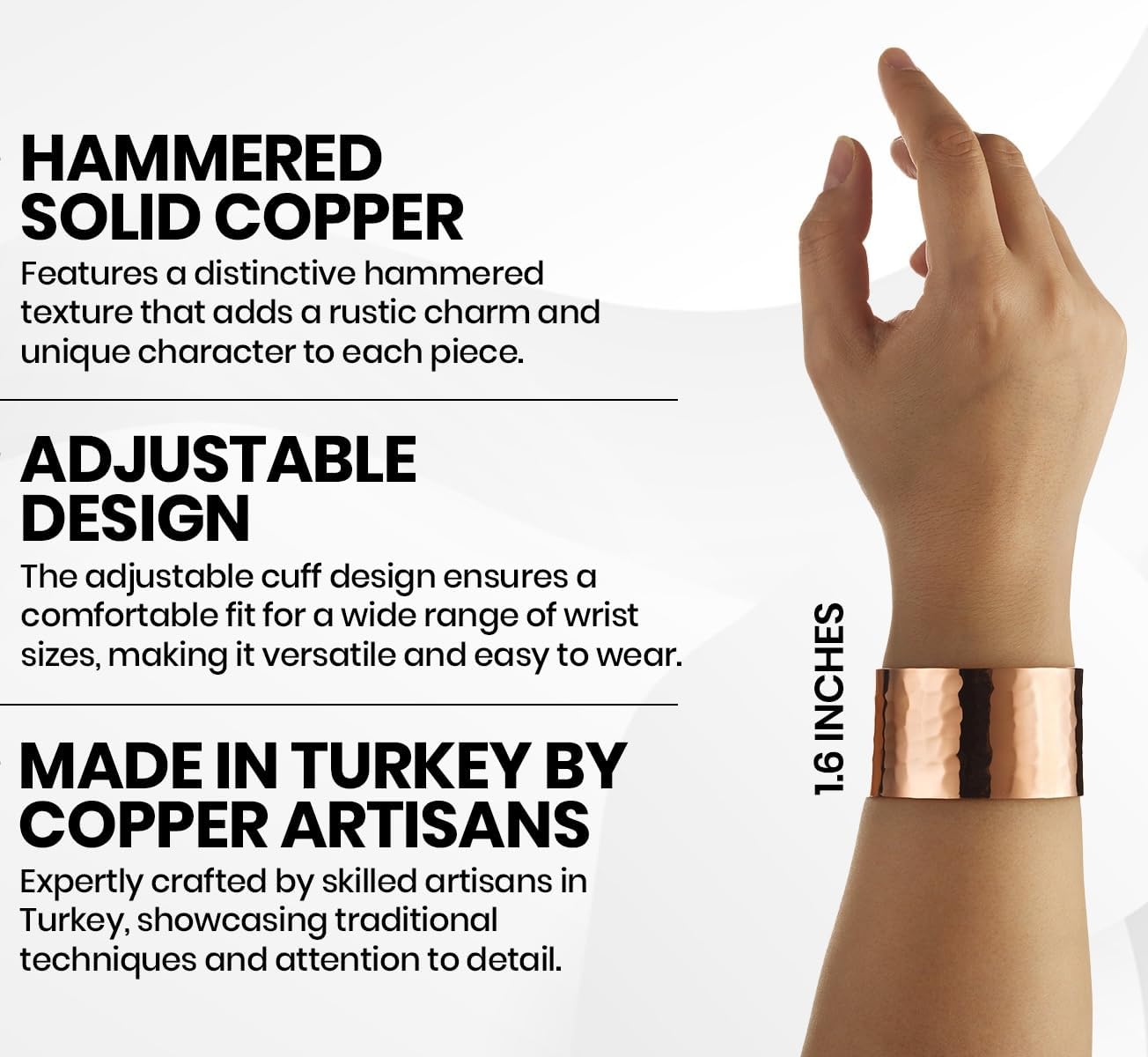 DEMMEX Copper Bracelet for Women – 100% Pure Hammered Turkish Copper Cuff, 1.5mm Thick High-Gauge, Handmade, Uncoated & Non-Magnetic, 1.6" Wide, Adjustable, in Wooden Gift Box - Image 5