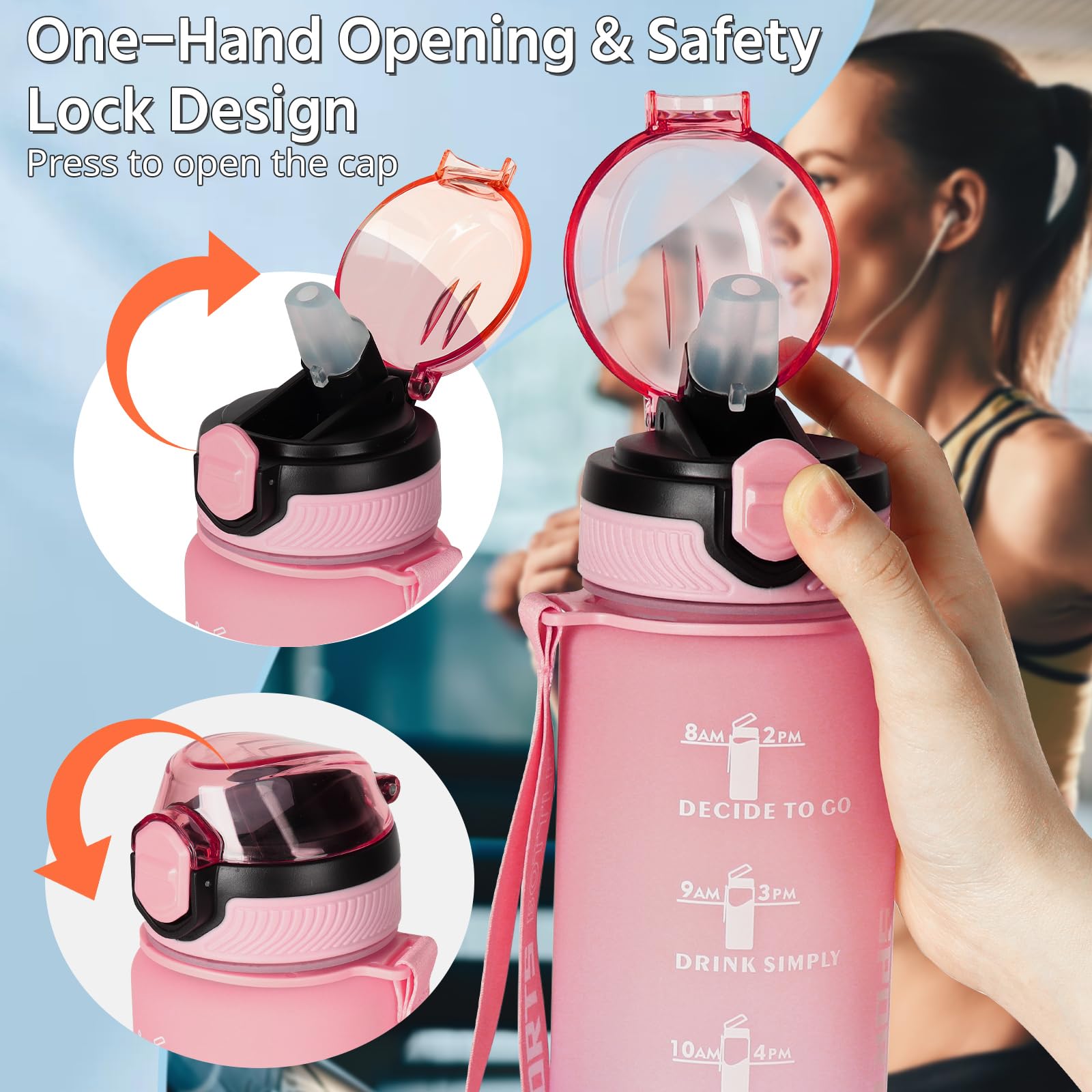 Borraccia 1 litro senza BPA, Borraccia Motivazionale con Cannuccia e Orari per Bere, Borraccia Palestra Antigoccia, Water Bottle per Studio Fitness, Scuola, Ufficio