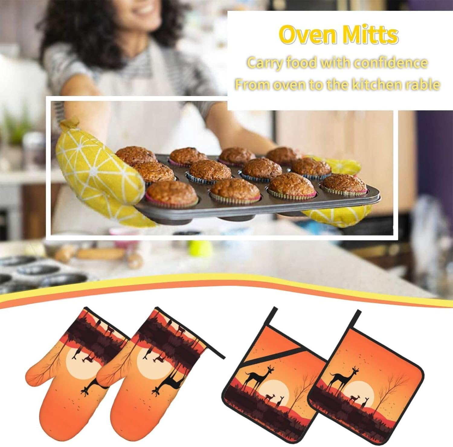 Three Deer at Sunset Printed Oven Mitts + Potholders 4-Piece Set - Great for BBQ Party Cooking