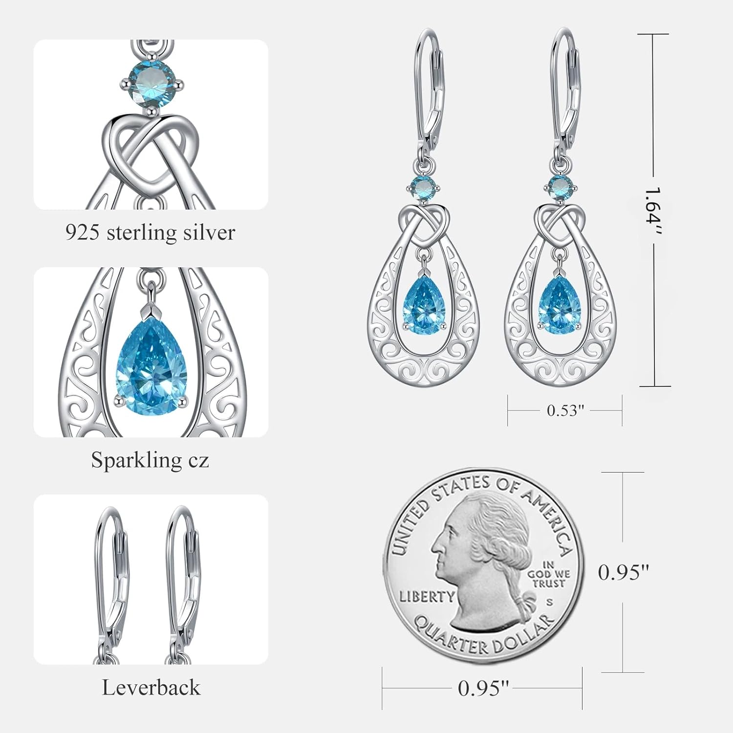 Teardrop Birthstone Dangle Drop Earrings Sterling Silver Infinity Filigree Leverback Earrings, Infinity Love Birthday Anniversary Valentines Day Gifts for Her Women Mom Wife - Image 4