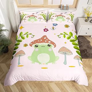 Feelyou Cute Frog Comforter Cover Set Mushroom Bedding Set for Kids Boys Girls Natural Wild Fungus Duvet Cover Set Botanical Plants Quilt Cover 1 Duvet Cover with 1 Pillowcase Twin Size