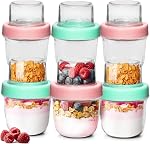ComSaf Overnight Oats pots avec des Lids (16oz+4oz) 2Pcs), Pots de pudding Chia à double laryer avec séparation sèche et humide, Yogourt Parfait Contianer pour les fruits de noix de céréales d'avoine, pots de préparation de repas en verre pour salade