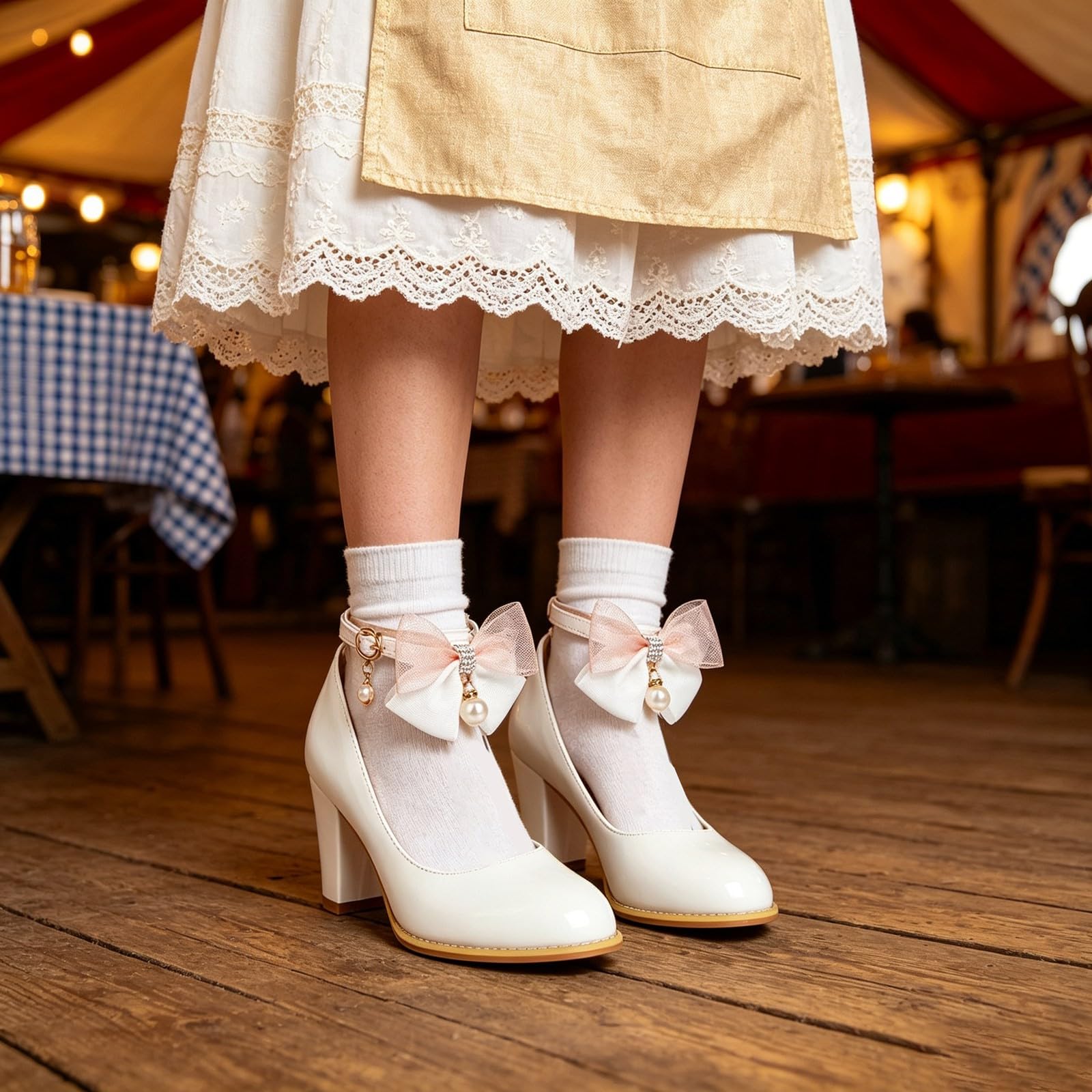 Scarpe Oktoberfest Donna Fiocco Vintage Punta Rotonda Tacco Grosso | Décolleté stile bavarese con cinturino, scarpe retrò femminili e comode per festa della birra, matrimonio e cerimonia