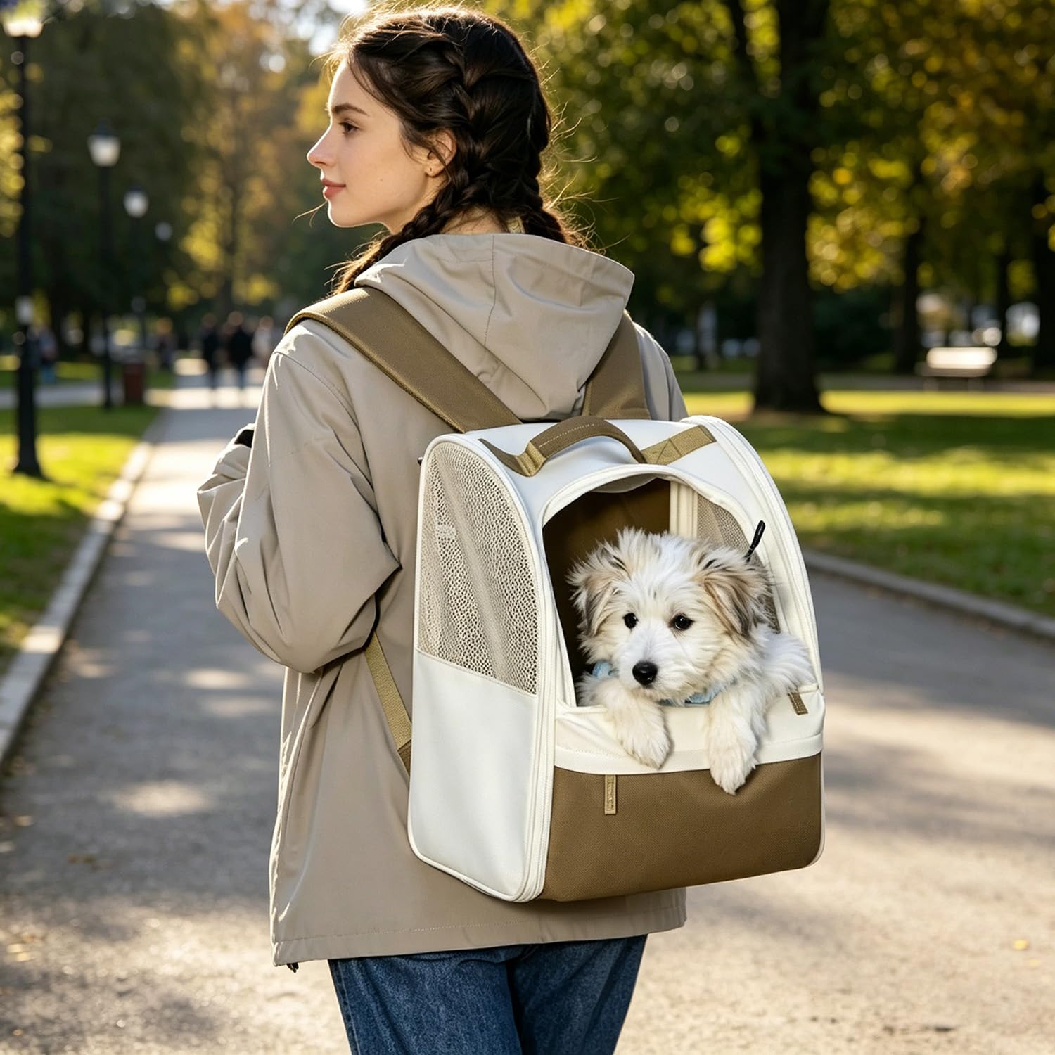 Katzen Hunde Rucksack, Katzenrucksack mit Fenster, Hunderucksack Stabiler Stahldrahtrahmen Verschleißfestes 600D Oxford-Gewebe Transportrucksack Haustier-Rucksack für Hund Katze Reisen Braun