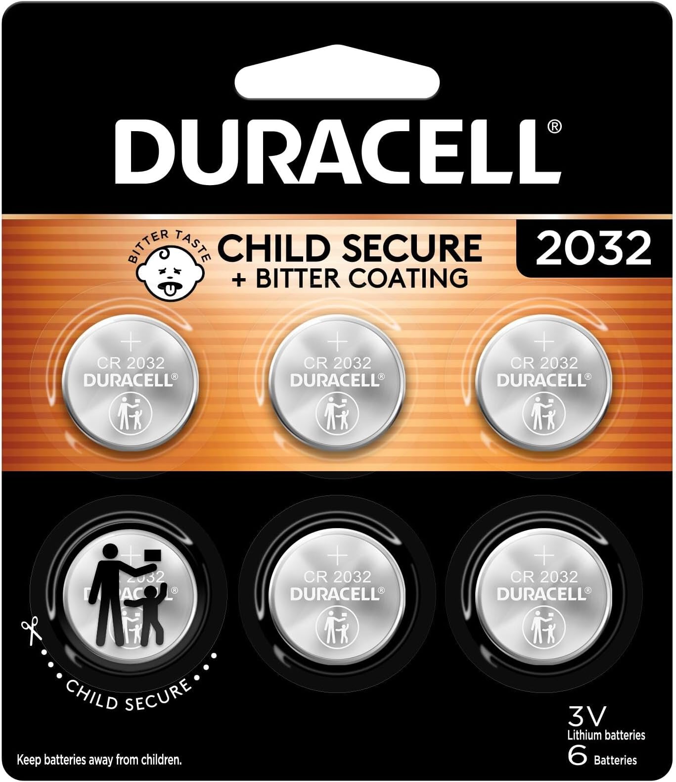 Duracell 2032 Lithium Battery. 6 Count Pack. Child Safety Features. Compatible with Apple AirTag, Key Fob, and other devices. CR2032 Battery Lithium Coin Battery. CR Lithium 3V Cell