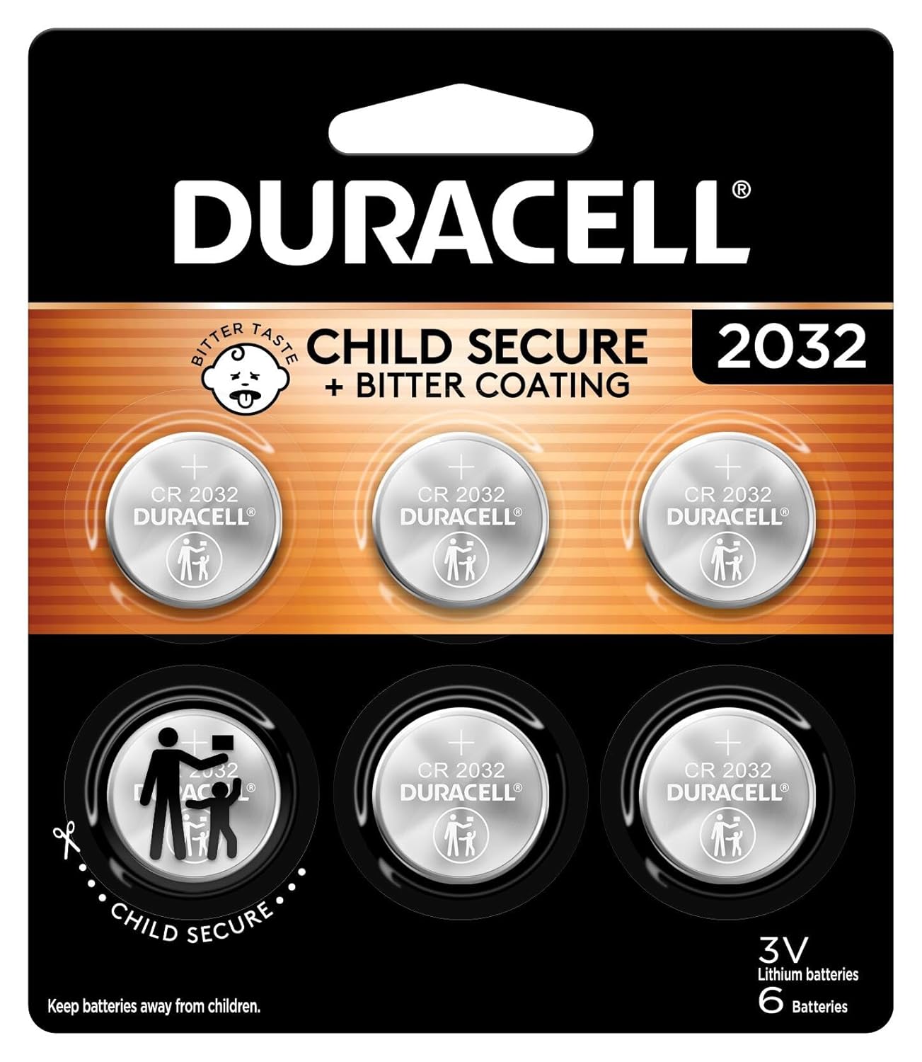Duracell 2032 Lithium Battery 6 Count Pack of 1 Compatible with AirTag Child Safety Features Key Fob CR2032