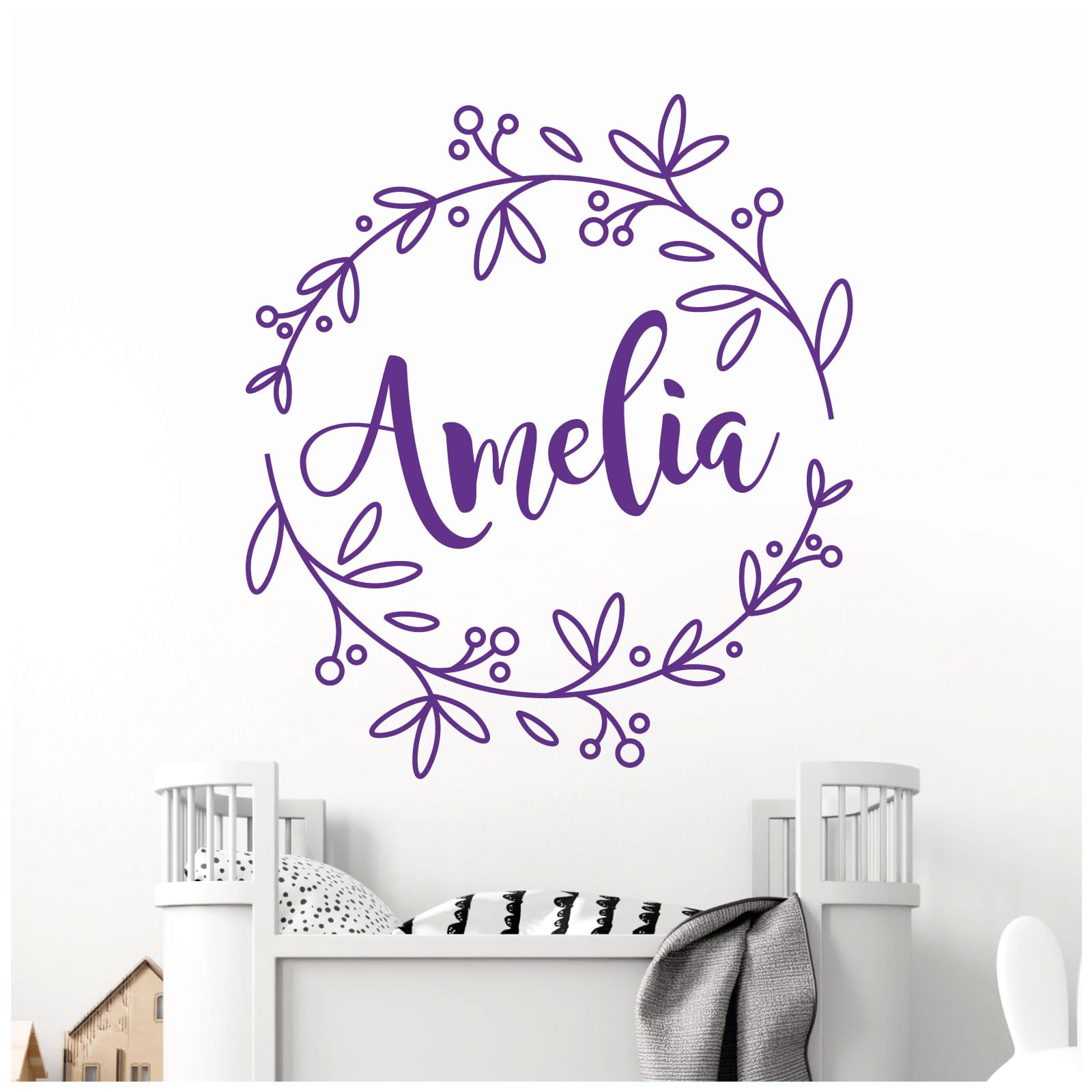 Personalised Name - Floral Wreath - Nursery Vinyl Wall Decal Sticker [Large] [Purple]