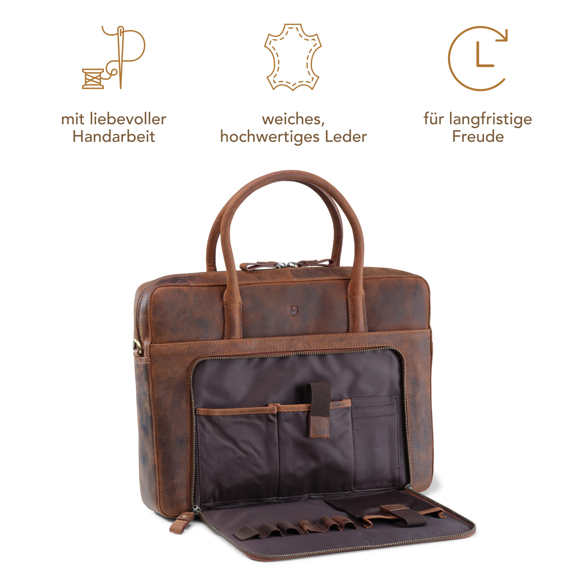 DONBOLSO Laptoptasche Nizza I Leder Umhängetasche mit Notebookfach I Aktentasche für Laptop I Schultertasche für Damen und Herren I Businesstasche I Vintage Braun
