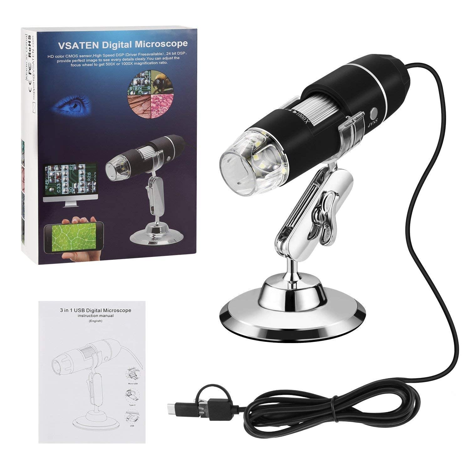 Smars® HD 1920x1080P 3 in 1 50 to 1000x Magnification USB Digital Microscope, Endoscope with 2.0MP Camera 8 LEDs Stand Holder for Android Phone Tablet, Windows and MacBook OS Computer (Black) - Image 8 thumbnail