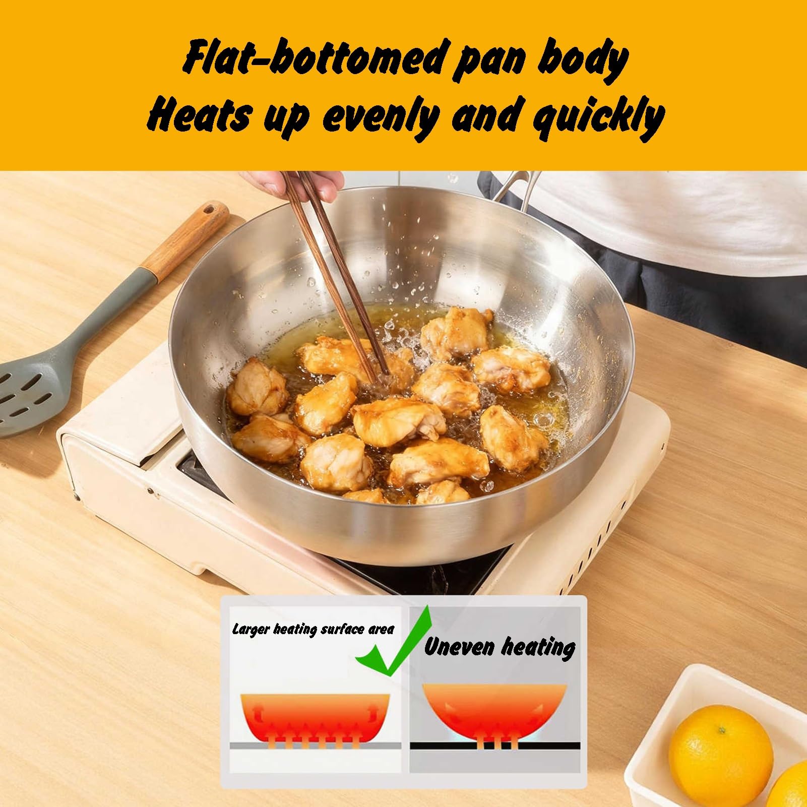 Generico Wok, Resistente Al Forno, In Acciaio Inossidabile Pre-stagionato Con Coperchio, Sicuro For Le Alte Temperature Compatibile Tutti I Piani Cottura(26cm)