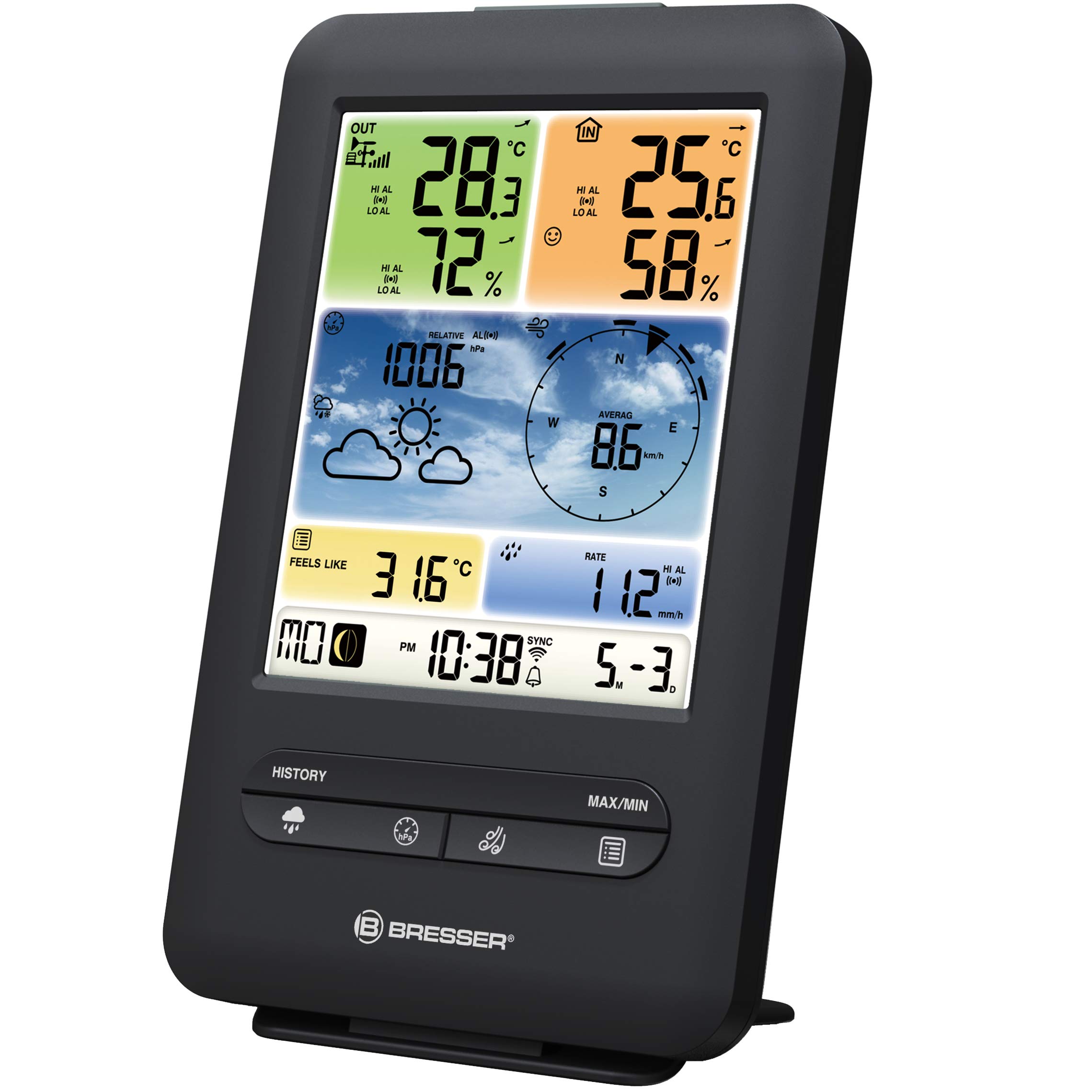 Bresser - Stazione meteorologica wireless con sensore per esterno, centralina meteorologica 5 in 1, a colori, WLAN per temperatura, umidità, pressione atmosferica, anemometro e pluviometro, nero | Temperatura interna ed esterna, umidità, pluviometro, anem