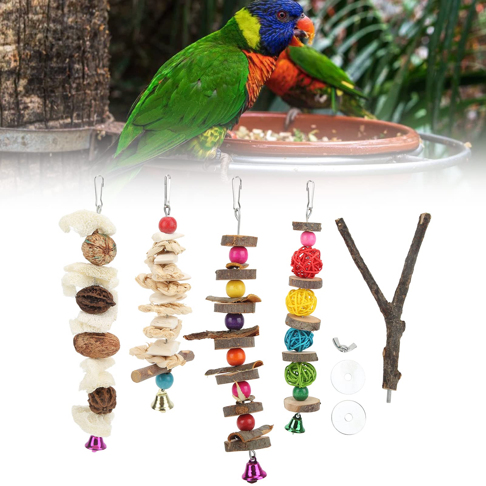 Jouet à mâcher pour perroquet - Os de seiche - Jouet en luffa - Perchoir debout - Pour oiseaux, conures, perruches, calopsittes et inséparables - Gris africain