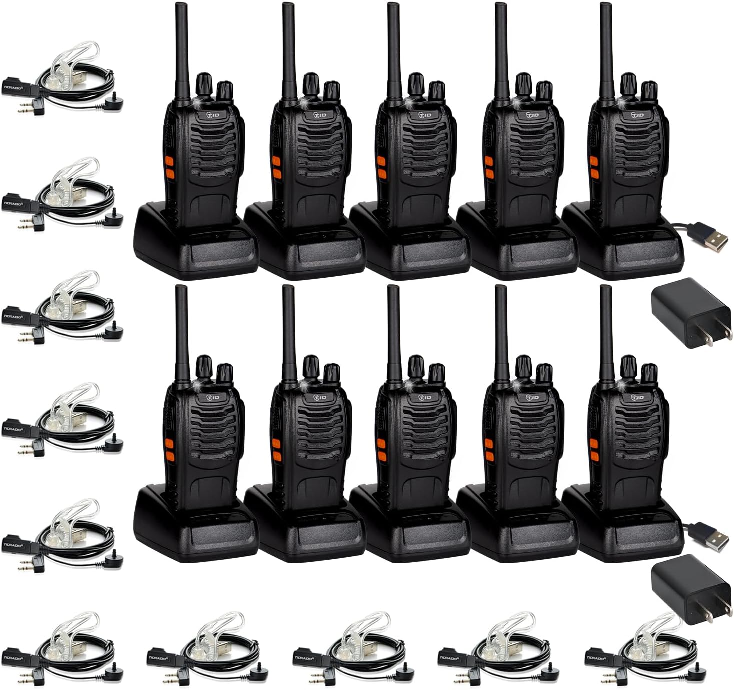 TIDRADIO Walkie Talkies for Adults Long Range, Frequency Copy, Rechargeable Two Way Radios with Secret Service Earpiece, 16CH Portable Flashlight VOX for Business Family TD-V2 (10 Pack,Black)