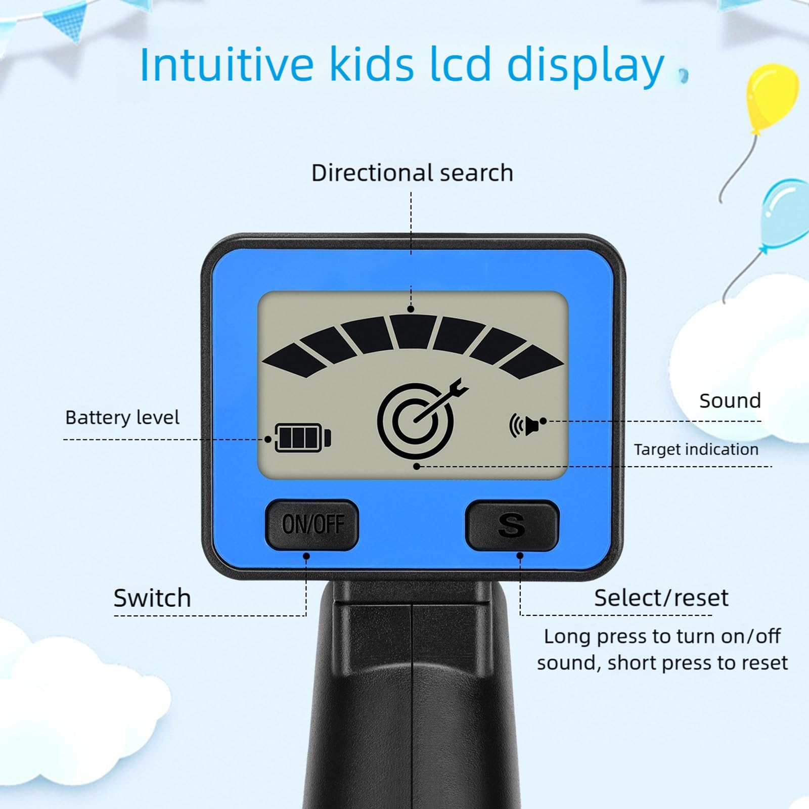 Metal Detector per bambini con asta estensibile da 79 cm Rilevatore tesori leggero da 1, 2 libbre per uso esterno Rileva metalli a 10 cm profondità Attrezzatura da caccia tesoro