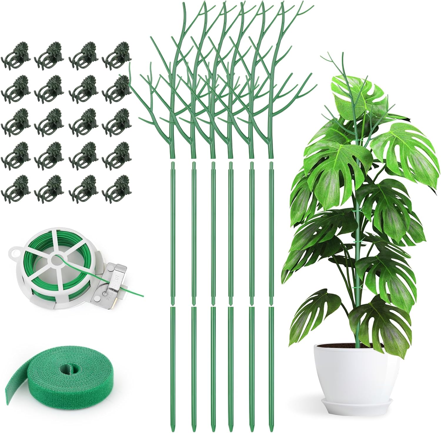 6 Pack Plant Support Stakes for Indoor Plants, 39.37 Inch Twig Plant Sticks with Orchid Clips Twist Ties and Plant Ties for House Potted Monstera Plants, Plastic Branches Support Structures, Green