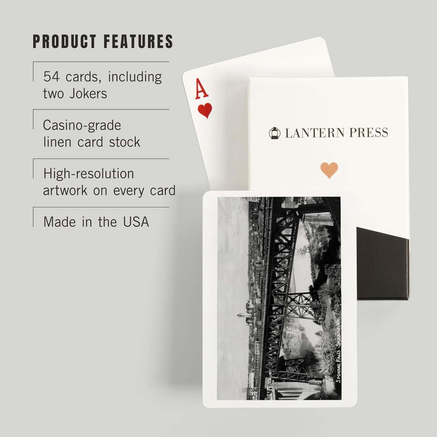 Lantern Press Spokane, Washington, View of Spokane Falls and Bridge, 52 Playing Cards for Adults, Poker Size Card Deck