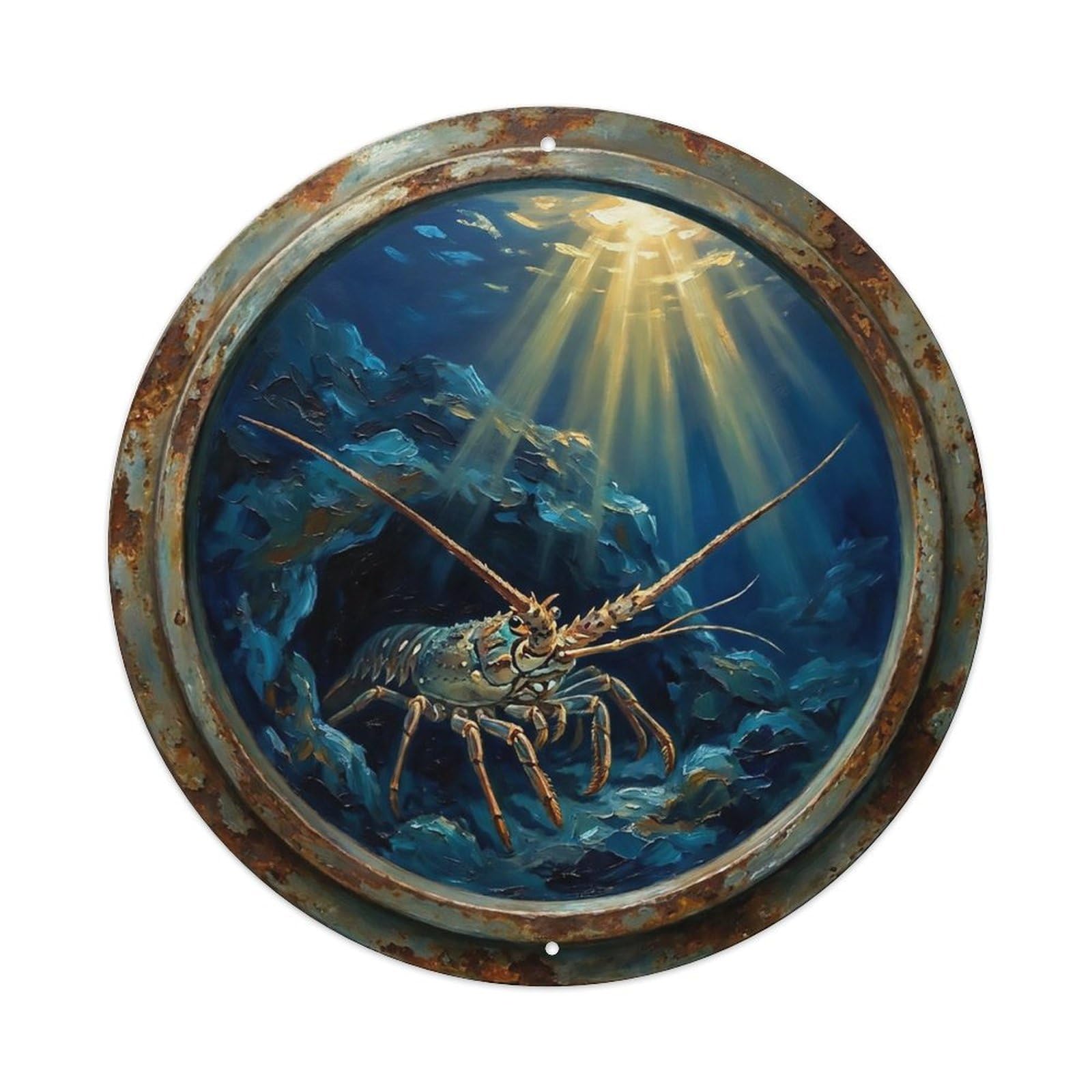 Vintage Porthole Lobster Cave Ship Window Undersea Deep Sea Metal Tin Sign