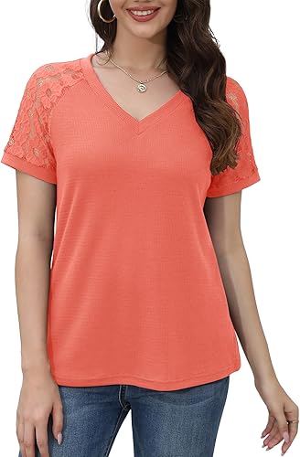 Miniatura 5 de Jouica Blusa de manga corta con encaje y cuello en V para mujer, holgada, informal, de punto gofre