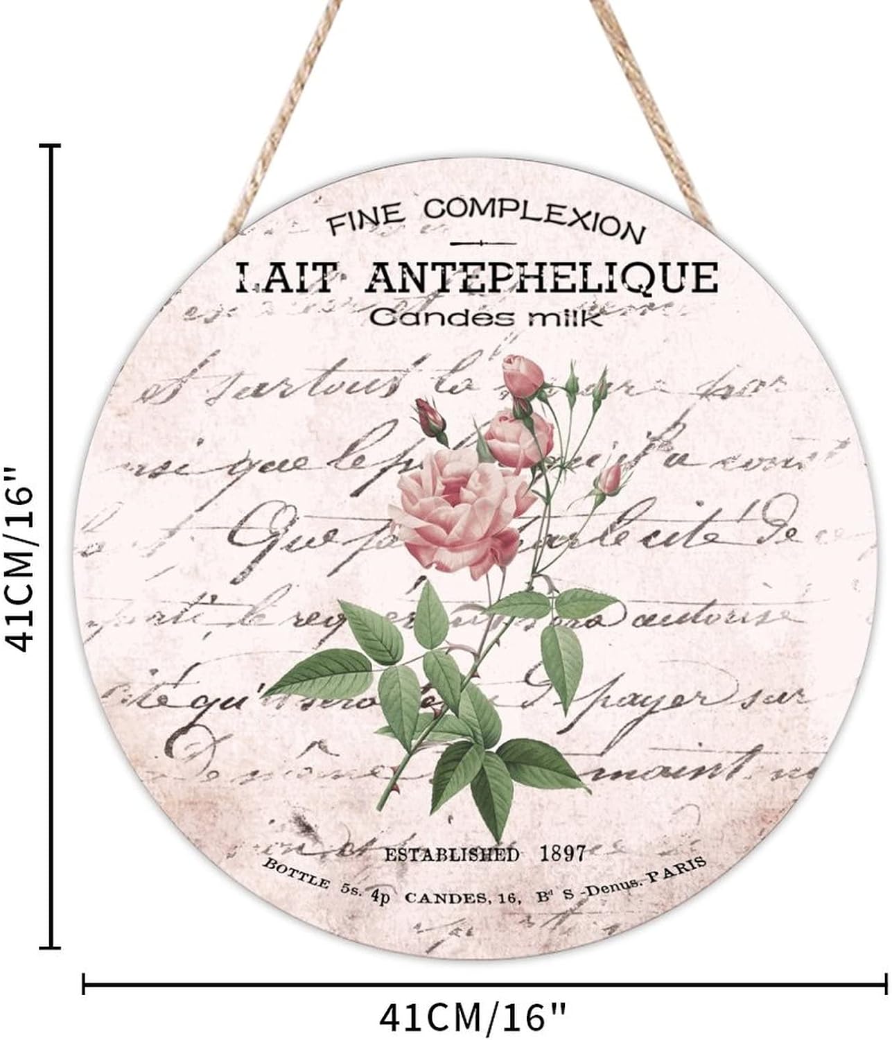 French Vintage Flower Front Door Round Wood Sign, Rustic Wood Door Sign, 16x16in Retro Wall Door Hanging Sign for Front Door Entryway Porch Bar Pub Housewarming Gifts