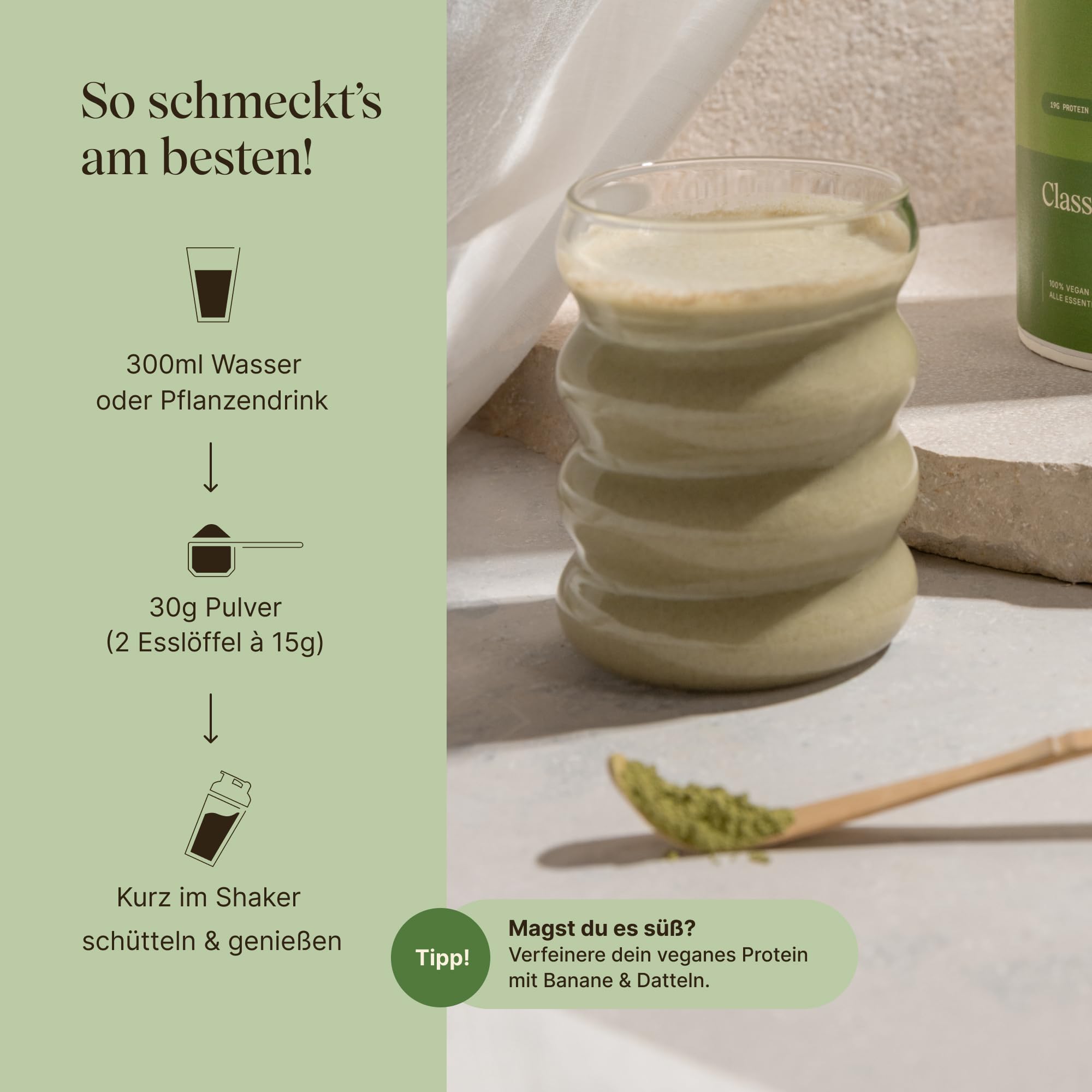 VETAIN Matcha Set - Vegan Protein Pulver Matcha (600g) + Trinkglas mit Bambusdeckel (250ml) - inkl. Glasstrohhalm - Fünf Premium Protein Quellen - Ohne Allergene & Süßungsmittel