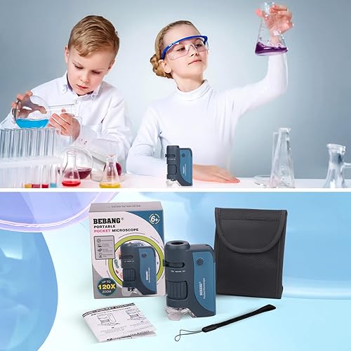 Miniatura 16 de BEBANG Microscopio de bolsillo, mini microscopio de mano 60X-120X para niños con zoom iluminado LED, kits de microscopio portátil con 5 diapositivas