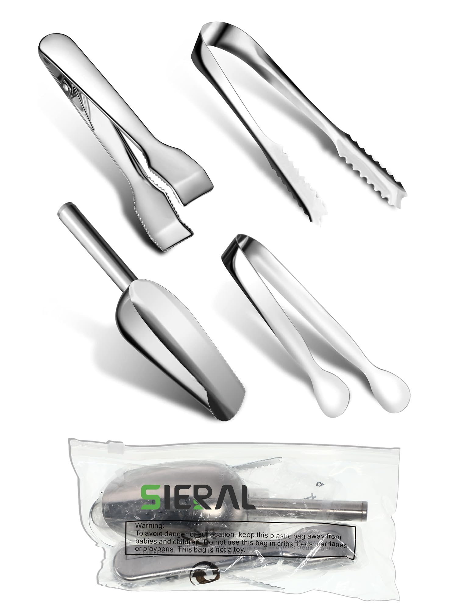 4 pinzas y cucharas plateadas para cubo de hielo, de acero inoxidable, versátiles pinzas para servir con dientes, pala para congelador, cocina, bufé, cóctel, fiesta de té, bar, boda, barbacoa 8