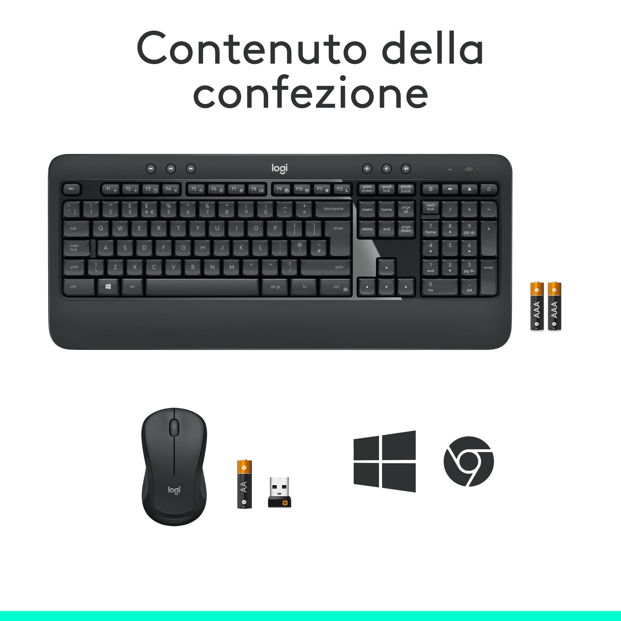 Logitech MK540 Advanced Combo Tastiera e Mouse Wireless per Windows, Ricevitore USB Unifying 2,4 GHz, Tasti di Scelta Rapida Multimediali, Durata Batteria di 3 Anni, PC, Laptop, Italiano QWERTY - Nero