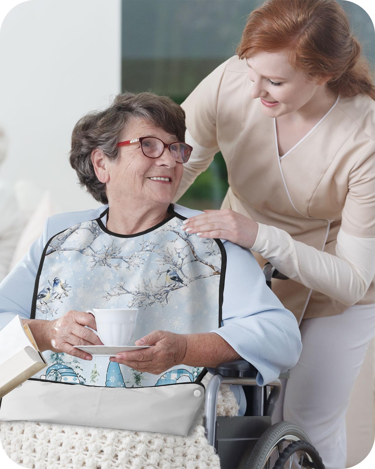 Gnomes Blue Adult Bib for Adults Men, Women, Washable & Adjustable Terry Cloth Bib with Crumb Catcher Reusable Waterproof Clothing Clothes Protector Apron Christmas Forest Winter Tree Branch