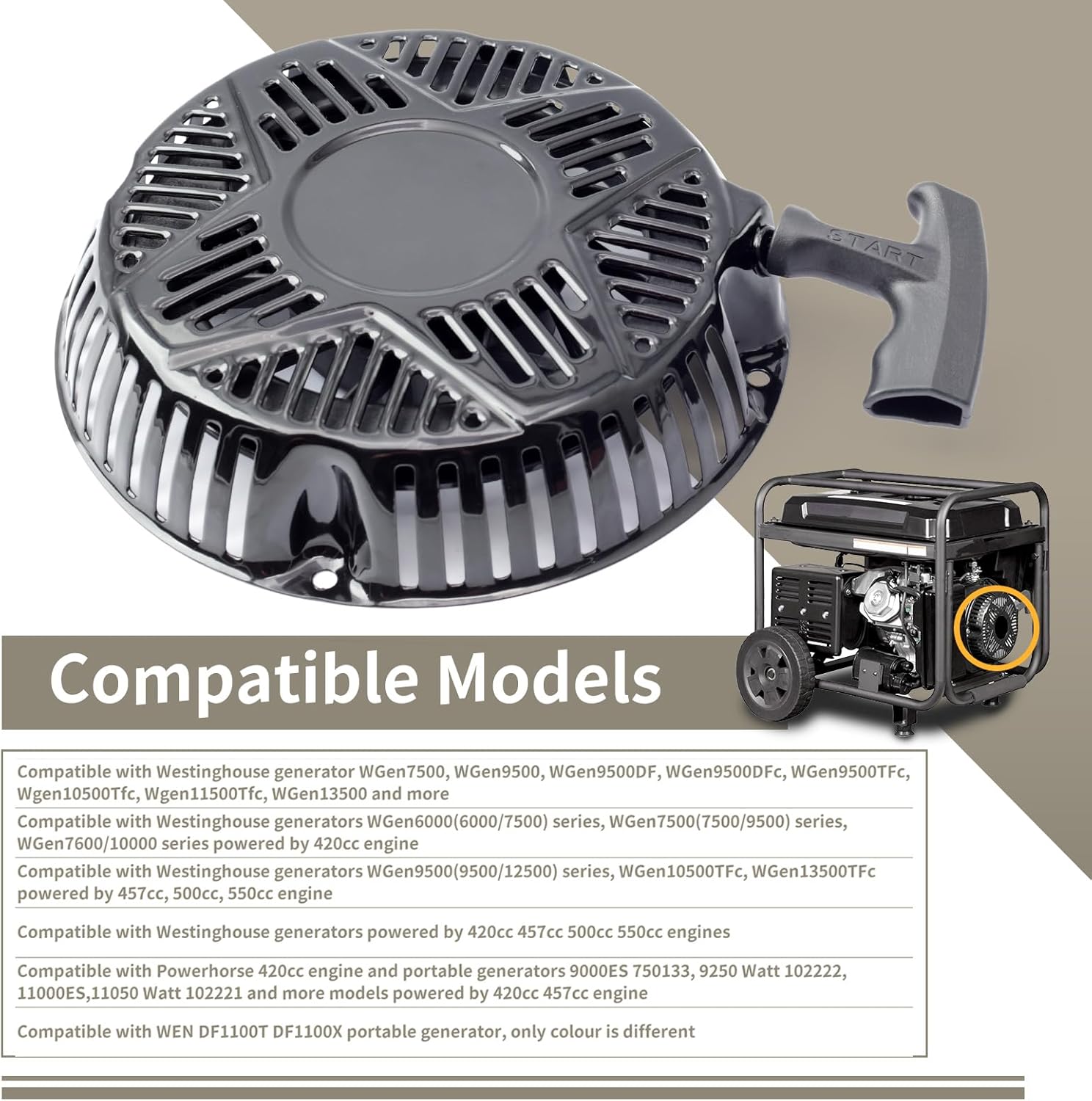 Pull Start Recoil Starter Assembly Replacement for Westinghouse Generator WGen7500 WGen9500 WGen9500DFc WGen910DFc for Powerhorse 420cc Engine