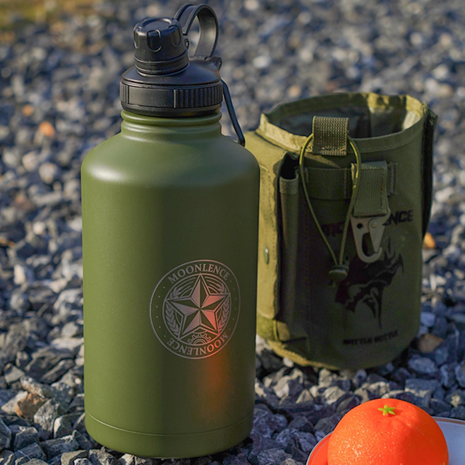 MOON LENCE Insulated Water Bottle, 64 oz Battle Water Jug with Molle Sleeve, Stainless Steel Water Bottles with Changeable Lids, Tactical Water Bottle for Camping, Hiking, Gym Hunter Green