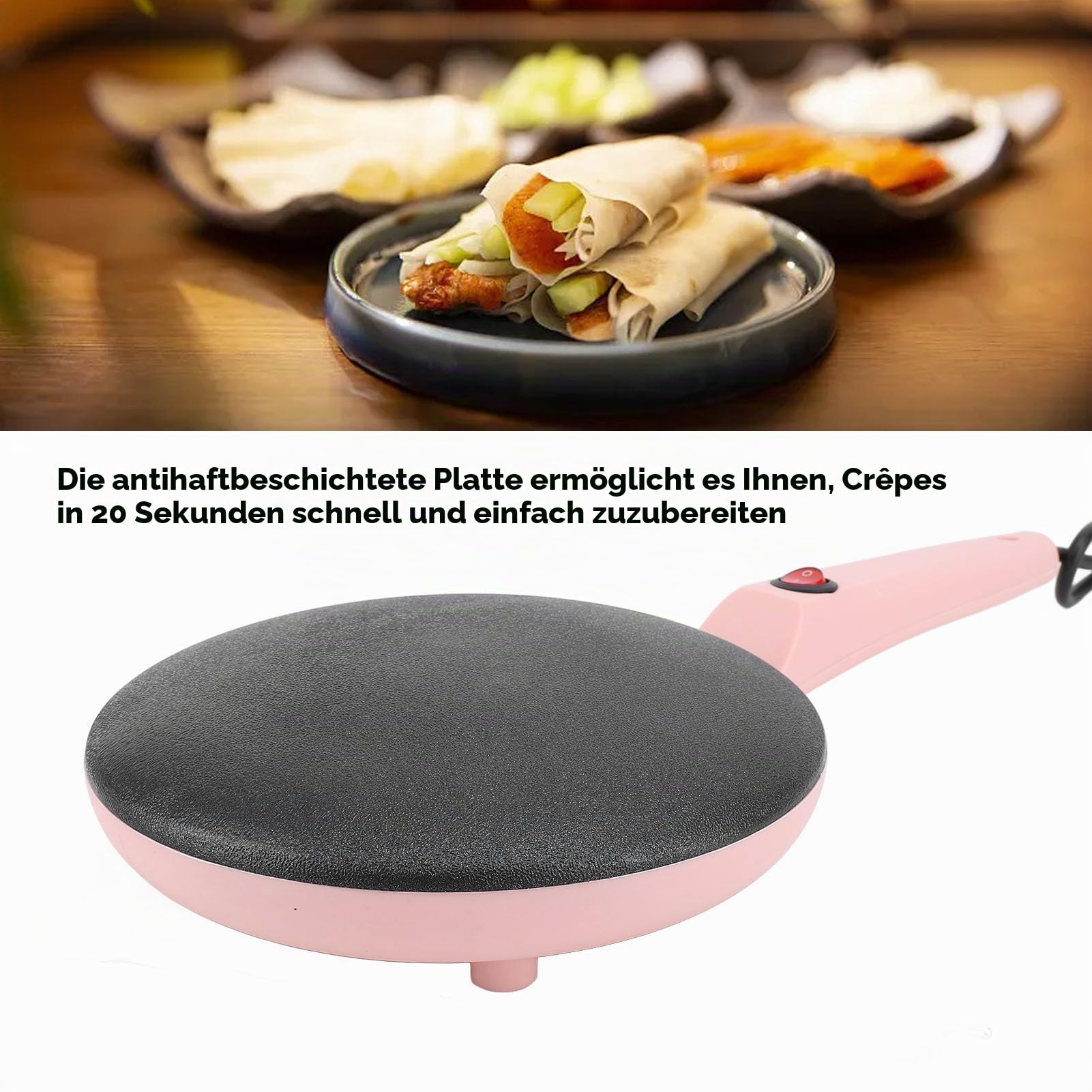 Elektrischer Crêpes-Maker, 8-Zoll-tragbarer Crepes-Maker, Crêpes-Pfanne und Antihaft-Tauchplatte, Hand-Pfannkuchenmaschine mit Teigspatel, für Pfannkuchen, Tortilla