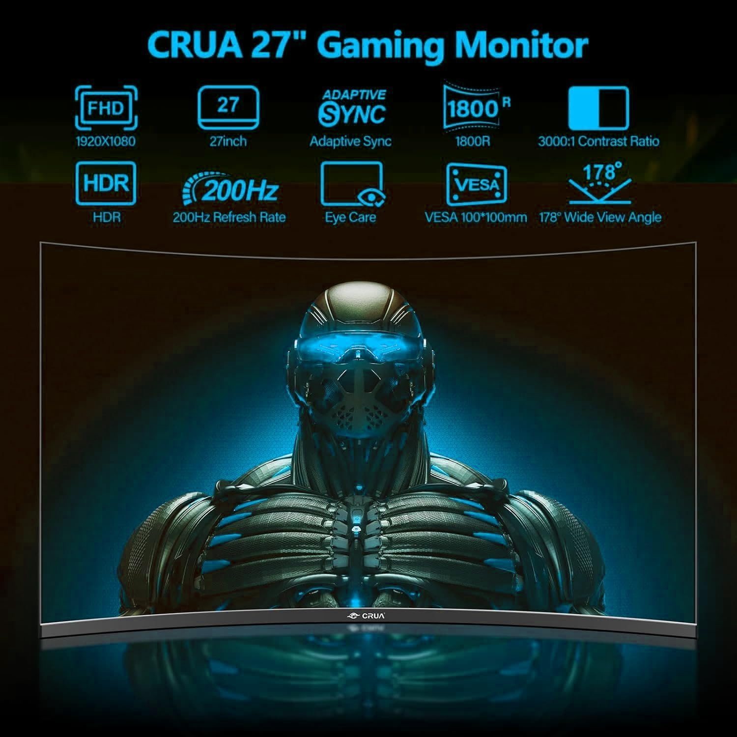CRUA Gaming incurvé Écran 27 Pouces 200 Hz, FHD 1080P 1800R Moniteur PC, 1 ms GTG avec FreeSync, Faible Flou de Mouvement, Protection des Yeux, VESA, DisplayPort, HDMI,
