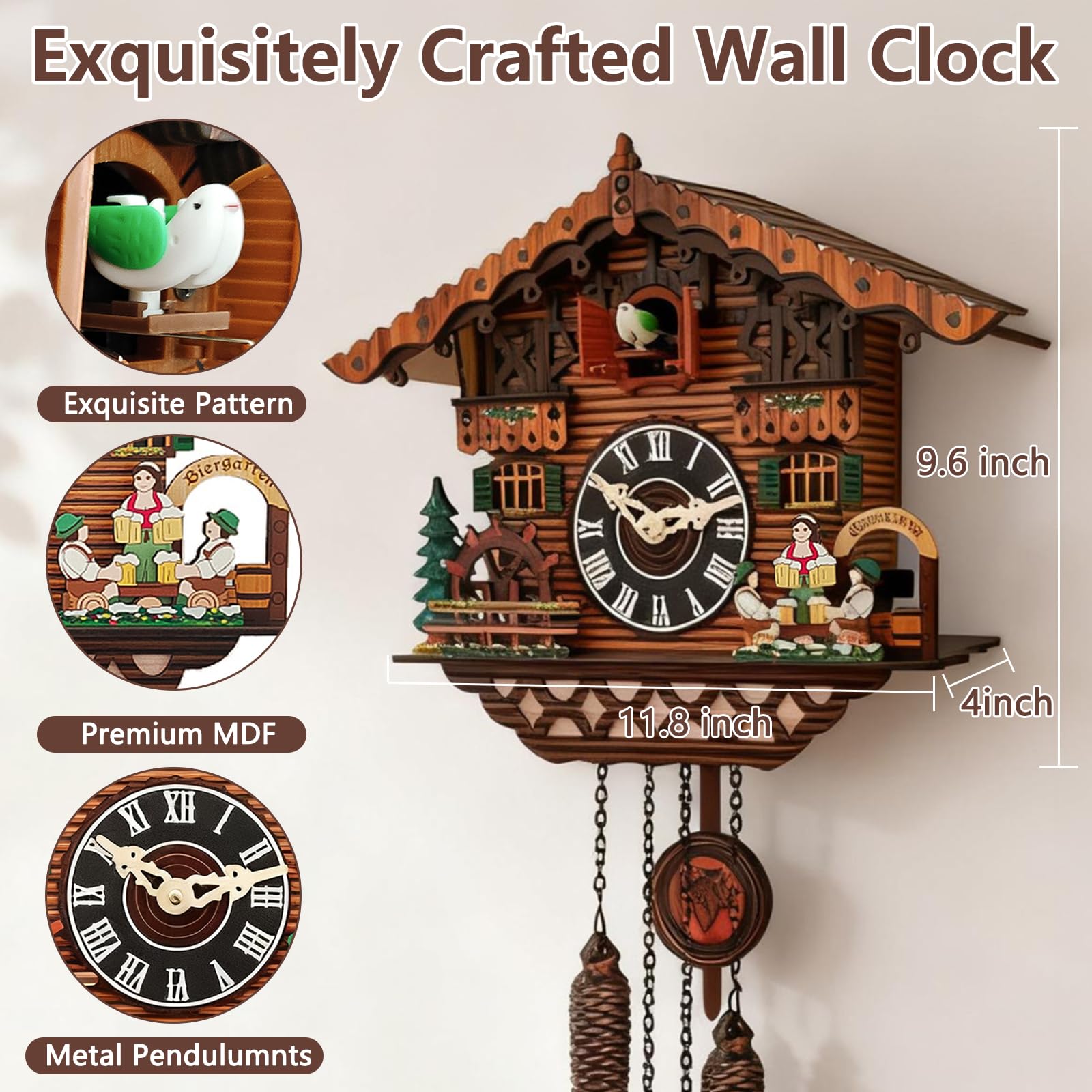 Orologio a cucù fatto a mano in legno con uccello funzionante, orologio da parete con controllo del volume, orologio da parete al quarzo tradizionale antico, decorazione per soggiorno