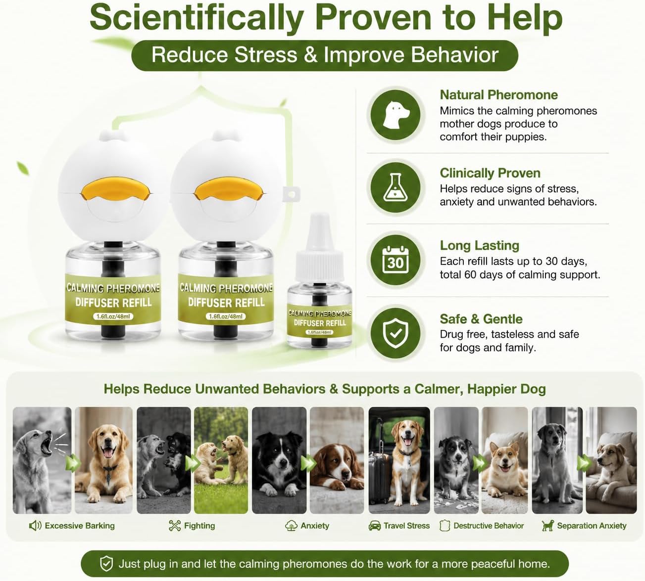 Calming Diffuser for Dog 6 in 1 Kit Appeasing Dog Pheromone Diffuser Kit to Calm (2 Plug in+4 Pack 48ml Refill) for Anxiety Relief Reduce Fighting Barking Stress 120 Day Supply(Tasteless)