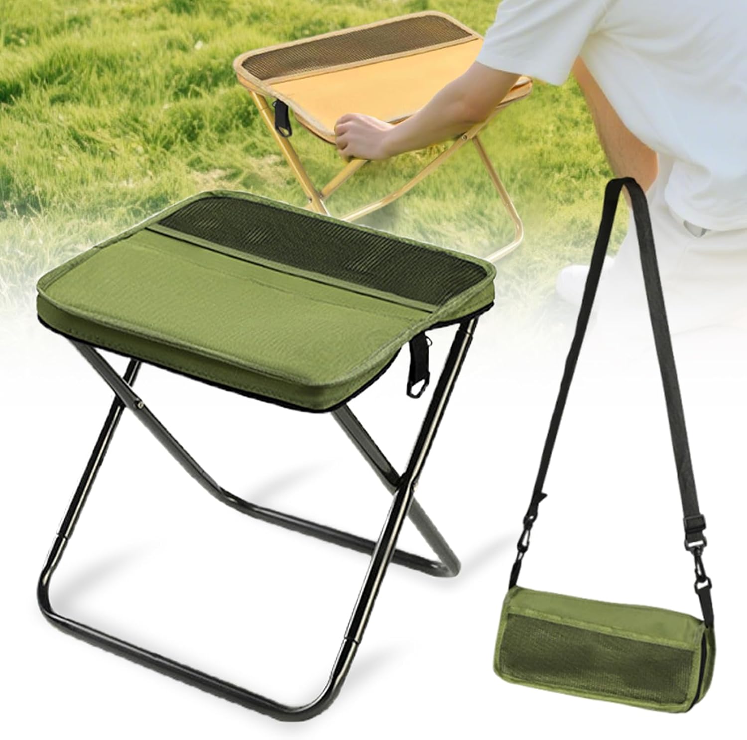 Portable Stool for Mountaineering and Hikin, 2026 New Foldable Backpack Stool Turned Into a Satchel, Lightweight Stool with Carrying Bag, Footstool for Camping Hiking Hunting Fishing (Green-Middle)