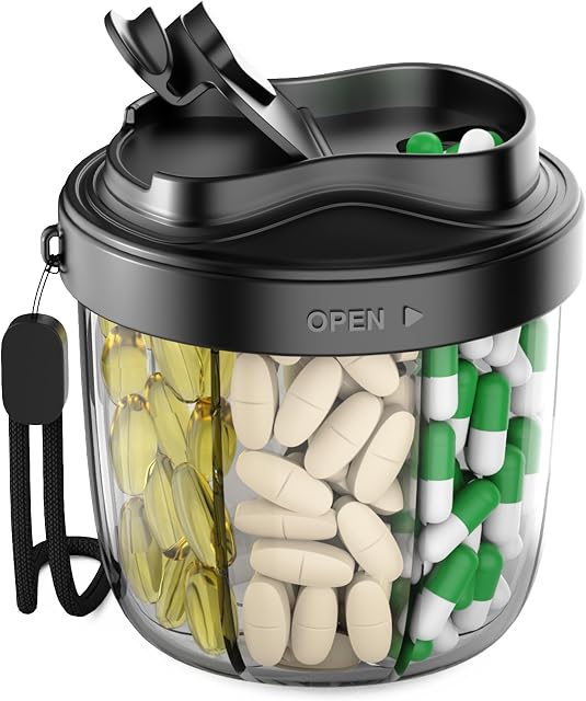 Organisateur de pilules avec 7 Compartiments, boîte à pilules Case pour la détention 7 Différentes vitamines, conception anti-Mix pour la récupération facile des médicaments. 20 Etiquettes. Récipient à pilule (Noir)