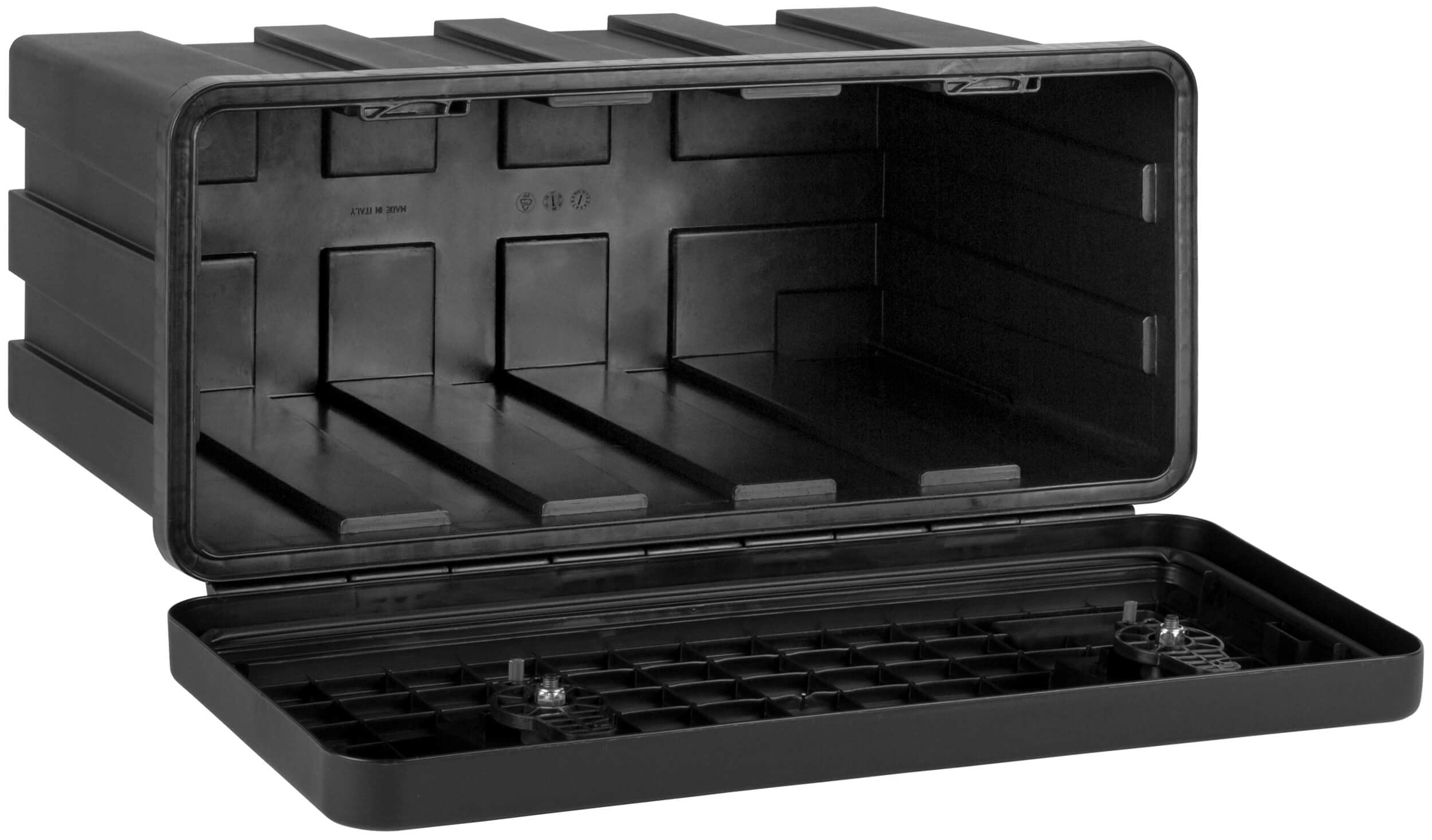 Cassetta degli attrezzi rettangolare in polipropilene, coperchio a cerniera laterale, resistente all'acqua, 90 x 30 x 36.7 cm, 57 litri, 5.4 kg, max 50 kg