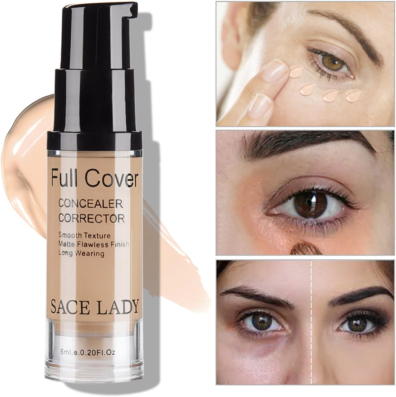 SACE LADY Full Coverage Under Eye Concealer Corrector Makeup Base, Waterproof Flawless Smooth Concealer for Cover Eye Dark Circles 6ml/0.20Fl Oz